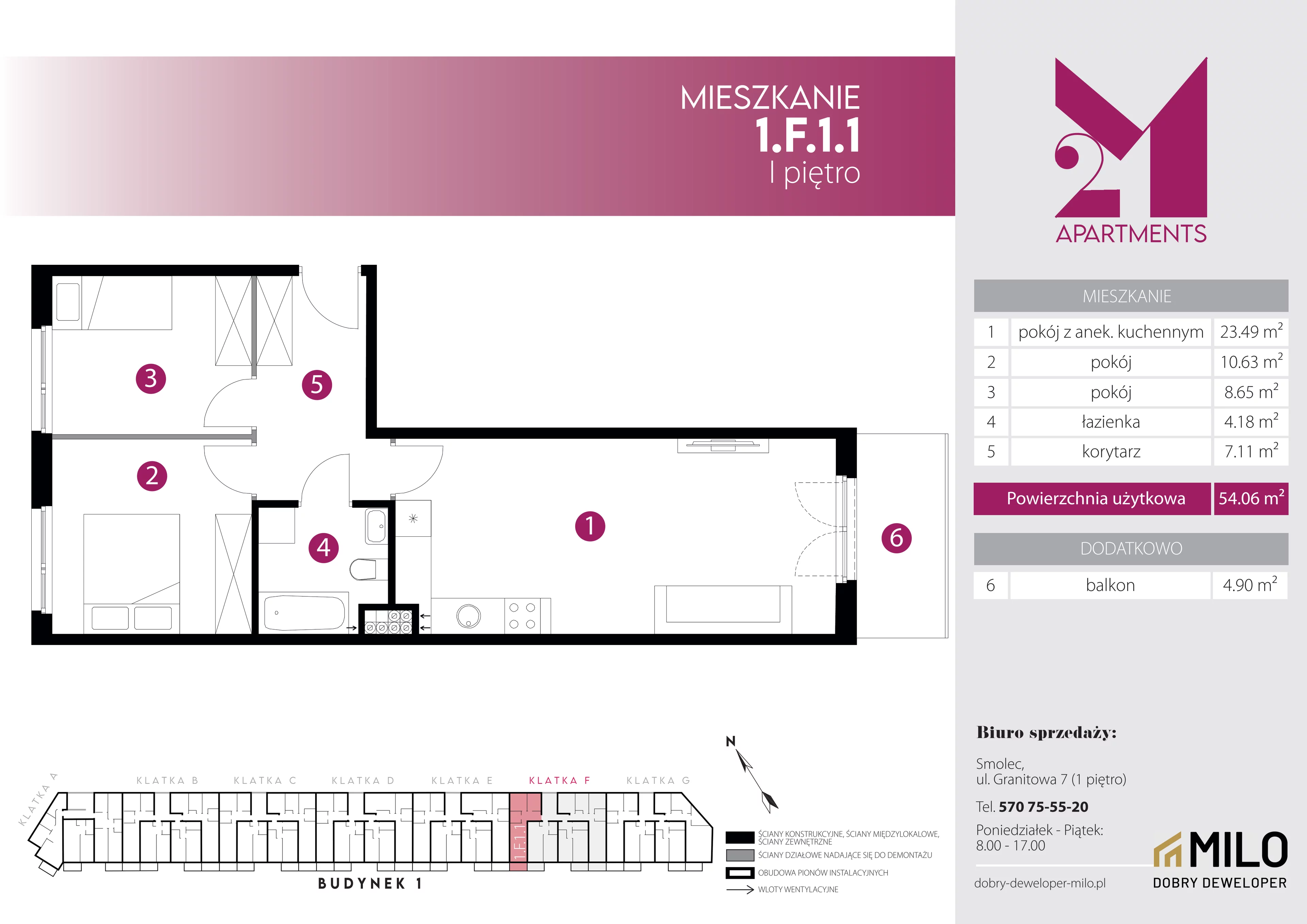 3 pokoje, mieszkanie 54,06 m², piętro 1, oferta nr 1.F.1.1, 2M Apartments Dobry Deweloper Milo Wrocław Maślice , Wrocław, Maślice, Fabryczna, ul. Zawidowska