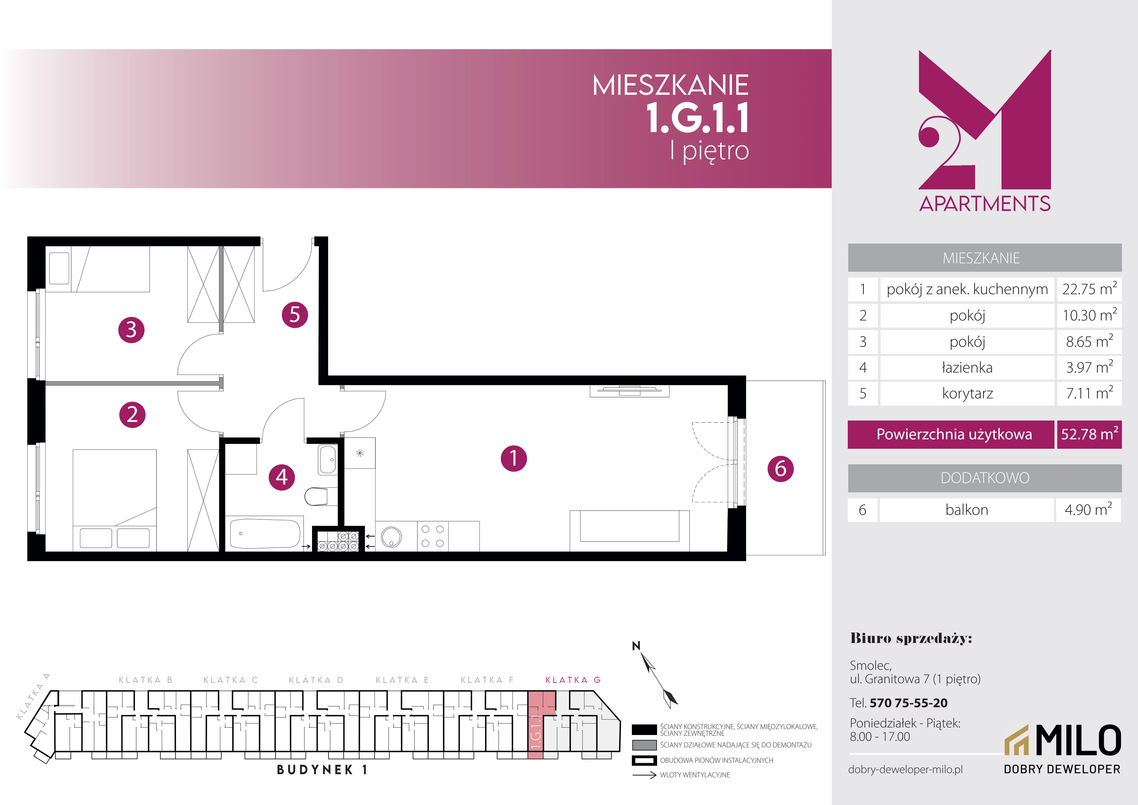 3 pokoje, mieszkanie 52,78 m², piętro 1, oferta nr 1.G.1.1, 2M Apartments Dobry Deweloper Milo Wrocław Maślice , Wrocław, Maślice, Fabryczna, ul. Zawidowska
