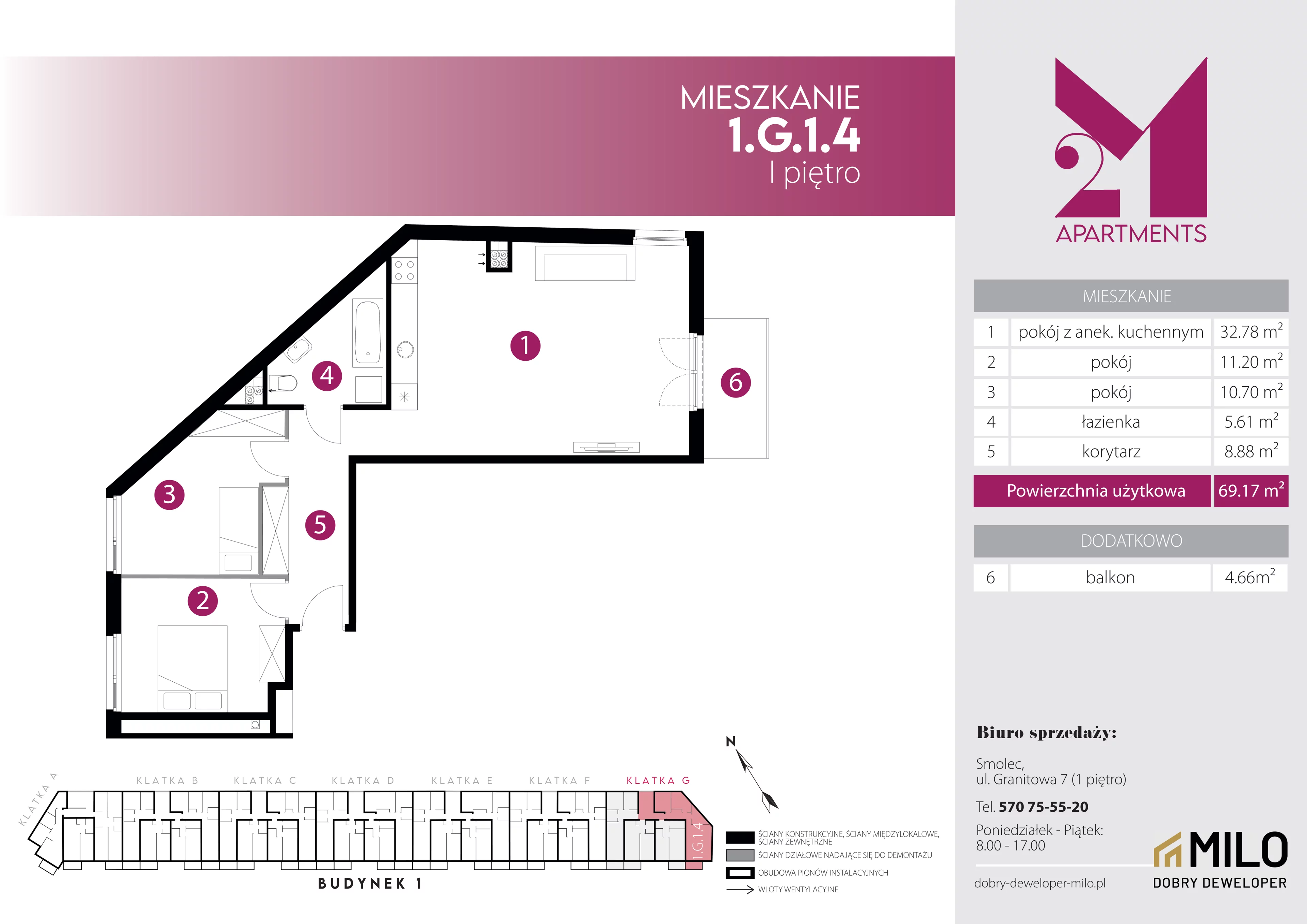 3 pokoje, mieszkanie 69,17 m², piętro 1, oferta nr 1.G.1.4, 2M Apartments Dobry Deweloper Milo Wrocław Maślice , Wrocław, Maślice, Fabryczna, ul. Zawidowska