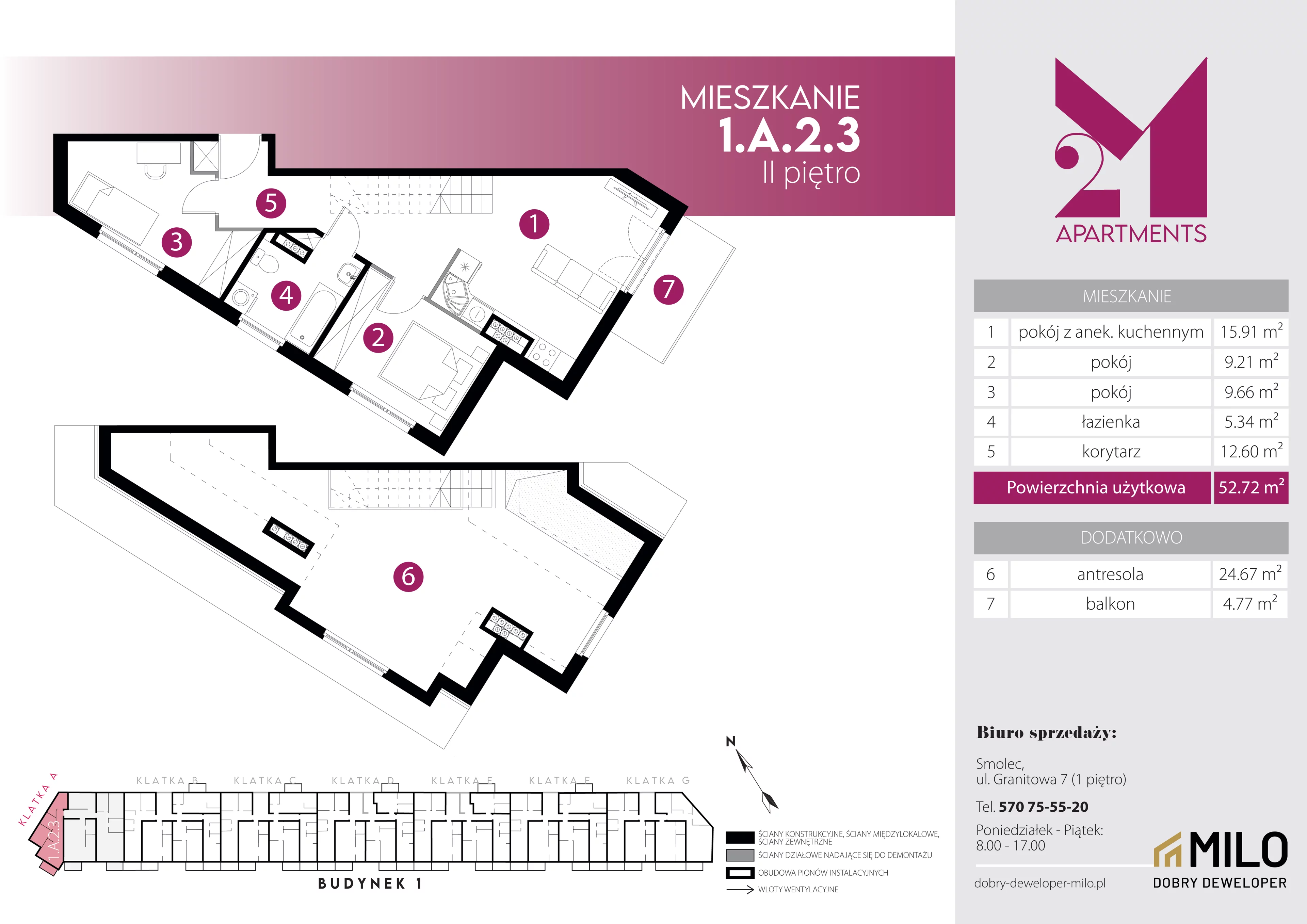 4 pokoje, mieszkanie 77,39 m², piętro 2, oferta nr 1.A.2.3, 2M Apartments Dobry Deweloper Milo Wrocław Maślice , Wrocław, Maślice, Fabryczna, ul. Zawidowska