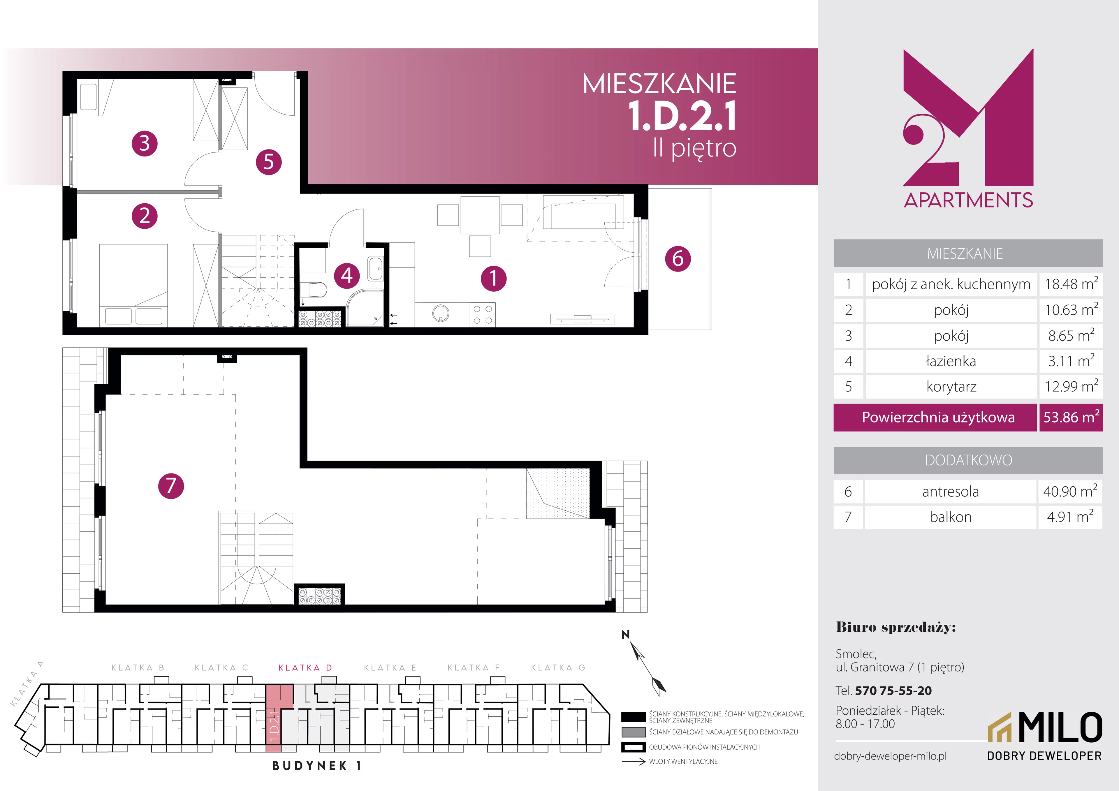 4 pokoje, mieszkanie 94,76 m², piętro 2, oferta nr 1.D.2.1, 2M Apartments Dobry Deweloper Milo Wrocław Maślice , Wrocław, Maślice, Fabryczna, ul. Zawidowska