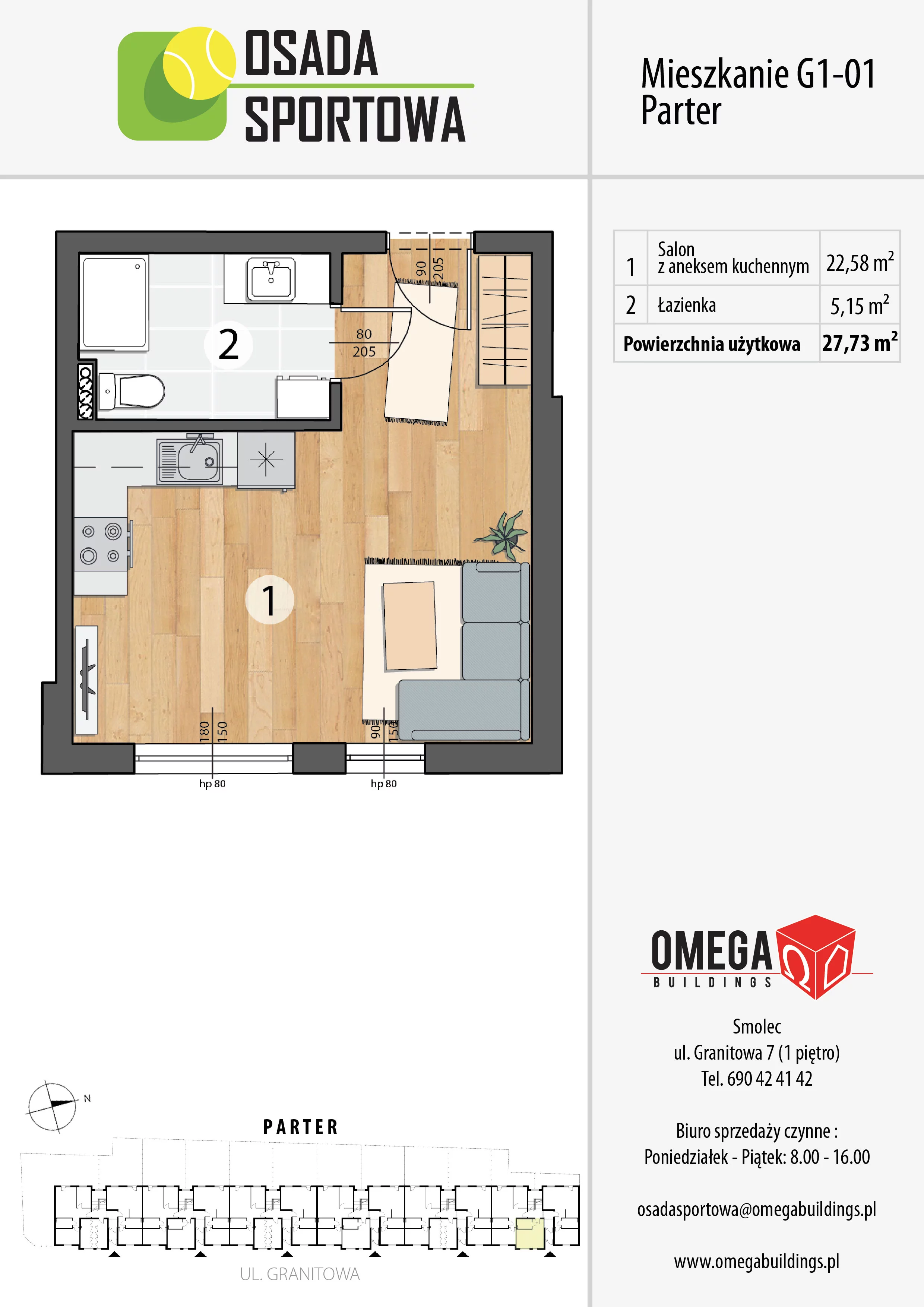 Mieszkanie 27,73 m², parter, oferta nr G1-01, Osada Sportowa Budynek G, Smolec, ul. Granitowa 52-62