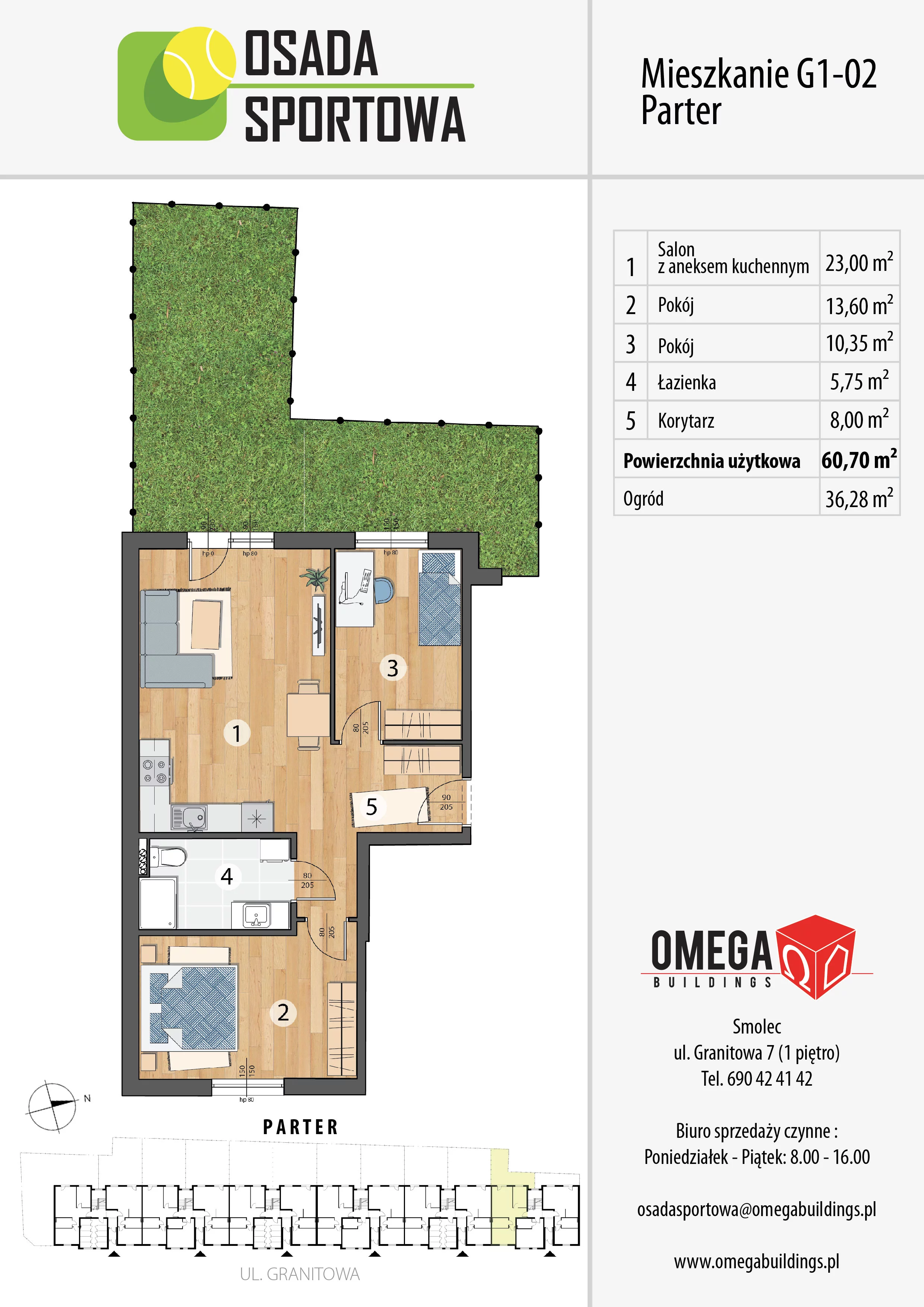 Mieszkanie 60,70 m², parter, oferta nr G1-02, Osada Sportowa Budynek G, Smolec, ul. Granitowa 52-62