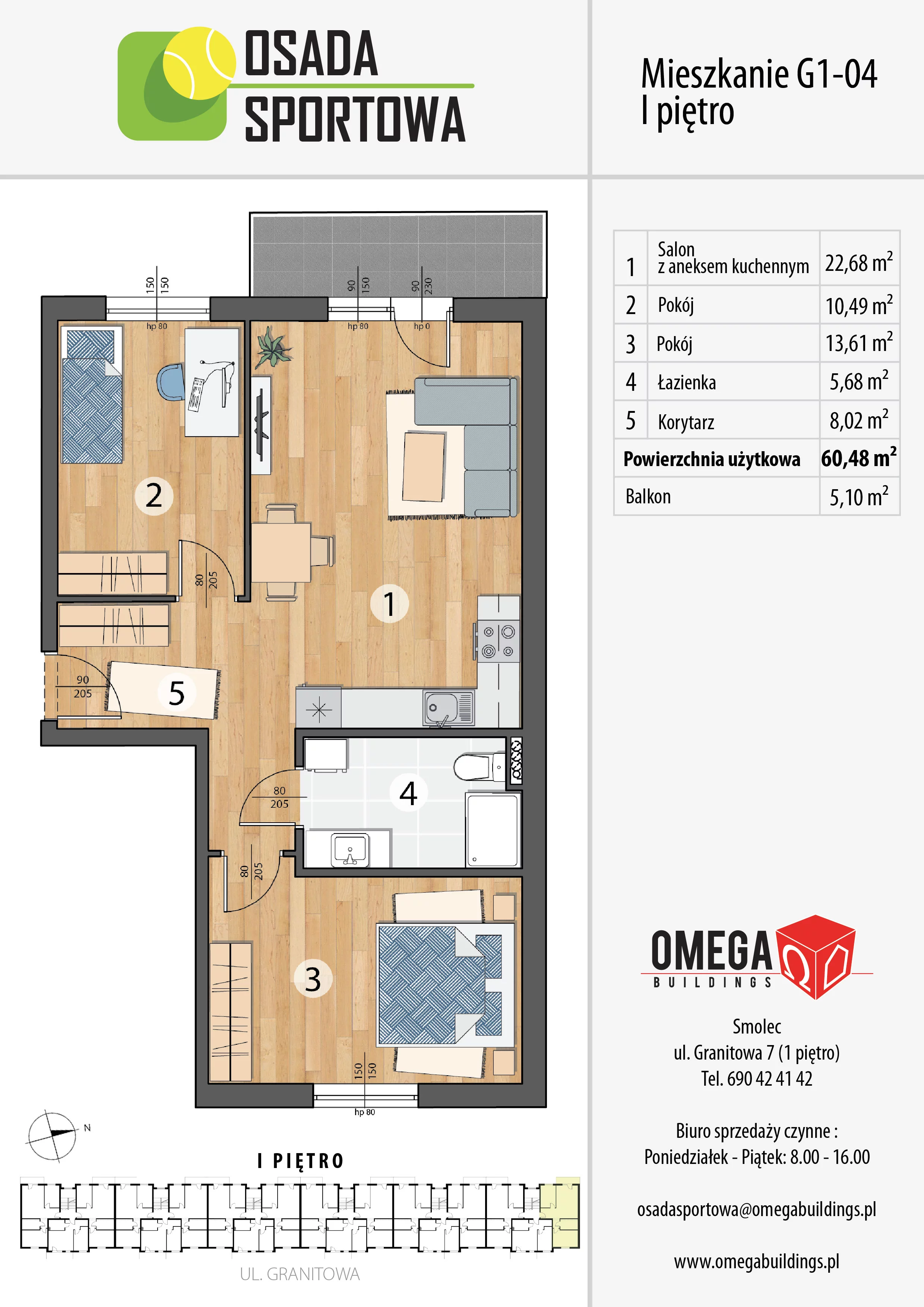 Mieszkanie 60,48 m², piętro 1, oferta nr G1-04, Osada Sportowa Budynek G, Smolec, ul. Granitowa 52-62