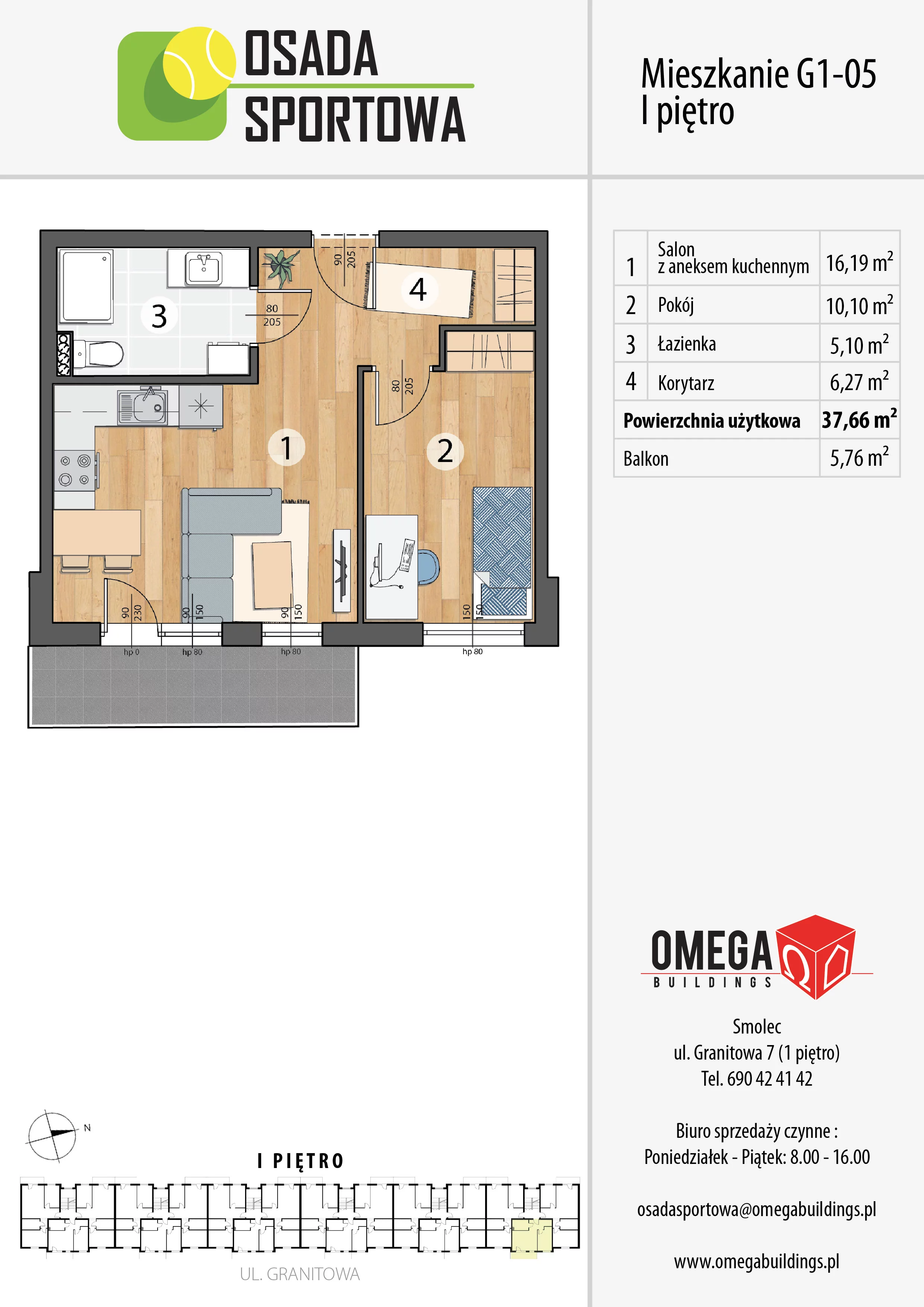 Mieszkanie 37,66 m², piętro 1, oferta nr G1-05, Osada Sportowa Budynek G, Smolec, ul. Granitowa 52-62