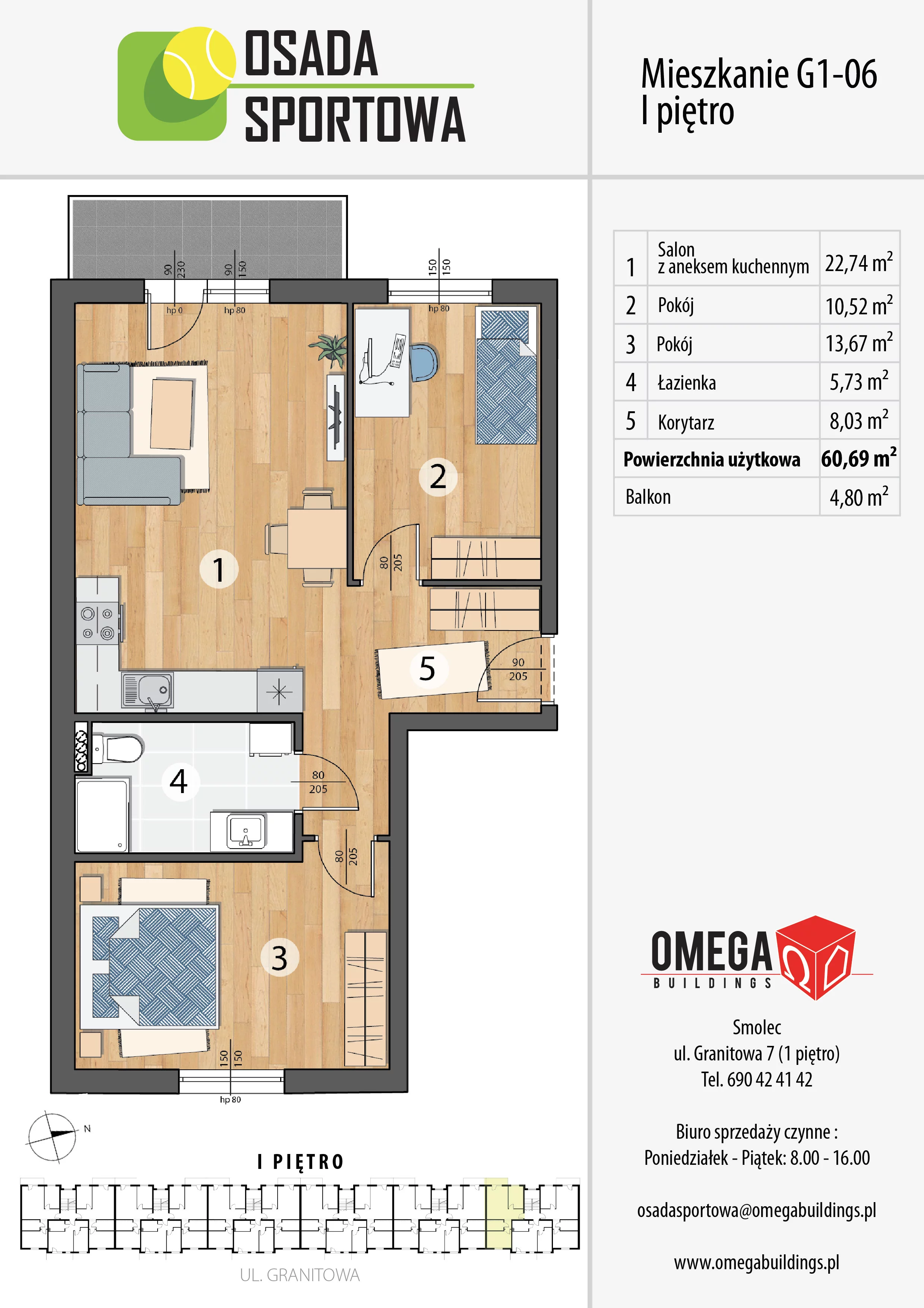 Mieszkanie 60,69 m², piętro 1, oferta nr G1-06, Osada Sportowa Budynek G, Smolec, ul. Granitowa 52-62