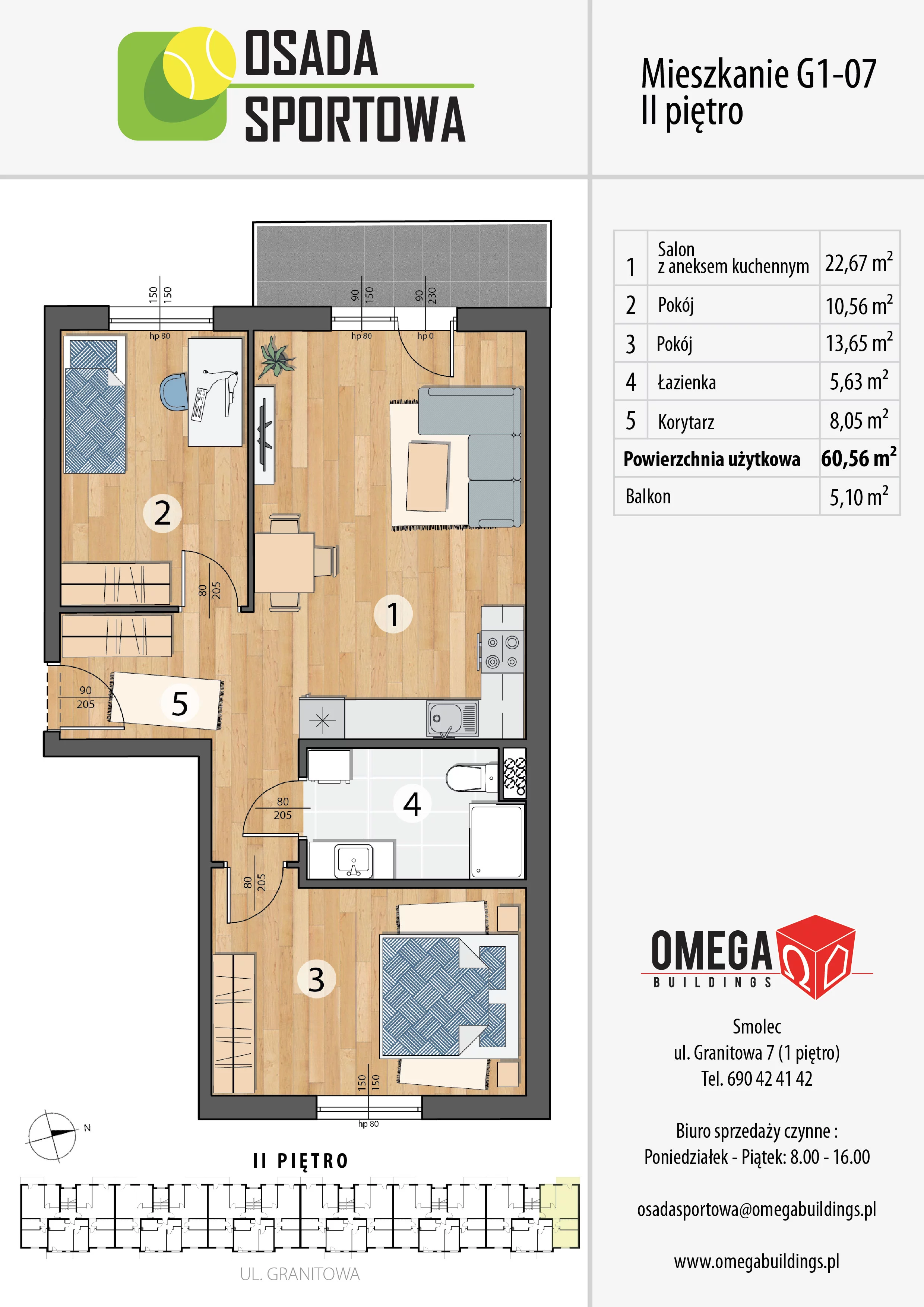 Mieszkanie 60,56 m², piętro 2, oferta nr G1-07, Osada Sportowa Budynek G, Smolec, ul. Granitowa 52-62