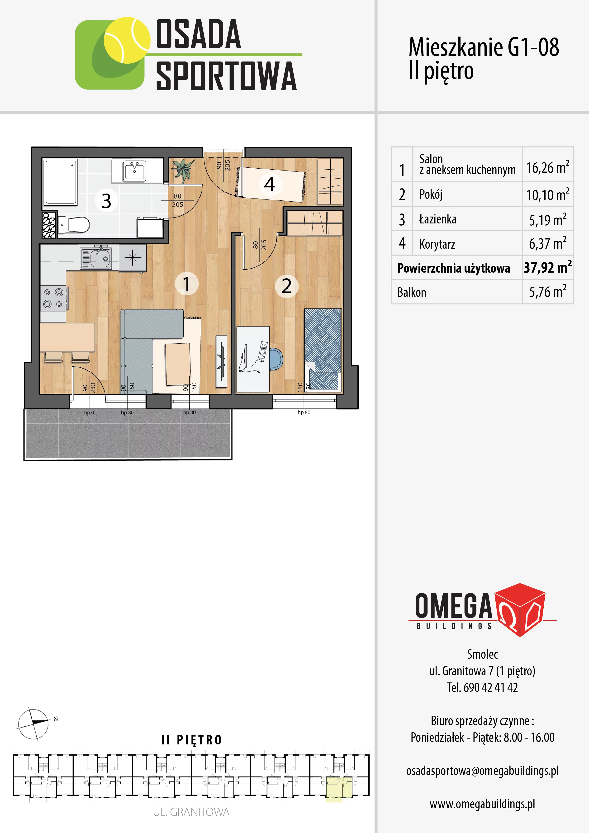 Mieszkanie 37,92 m², piętro 2, oferta nr G1-08, Osada Sportowa Budynek G, Smolec, ul. Granitowa 52-62