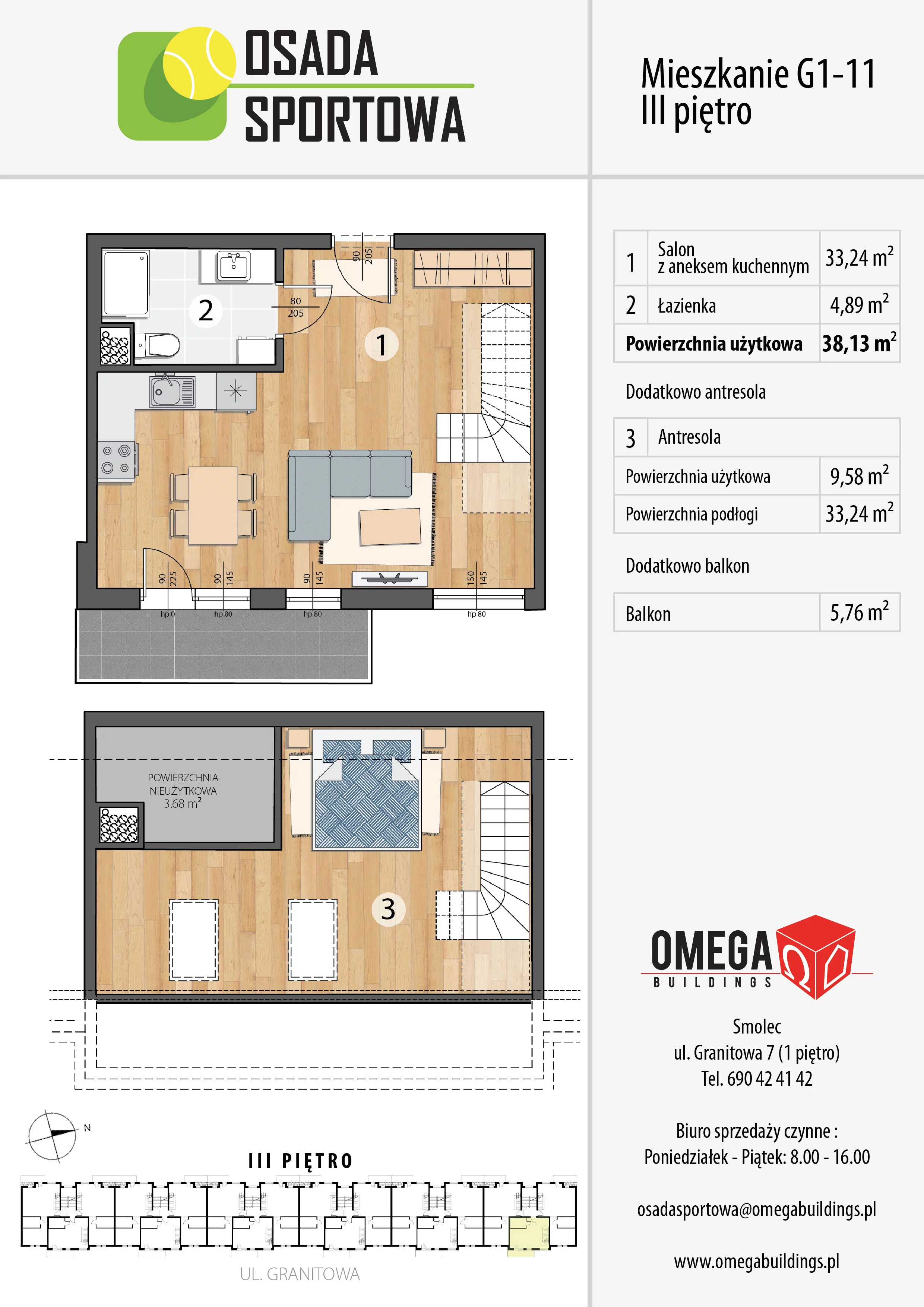Mieszkanie 47,71 m², piętro 3, oferta nr G1-11, Osada Sportowa Budynek G, Smolec, ul. Granitowa 52-62