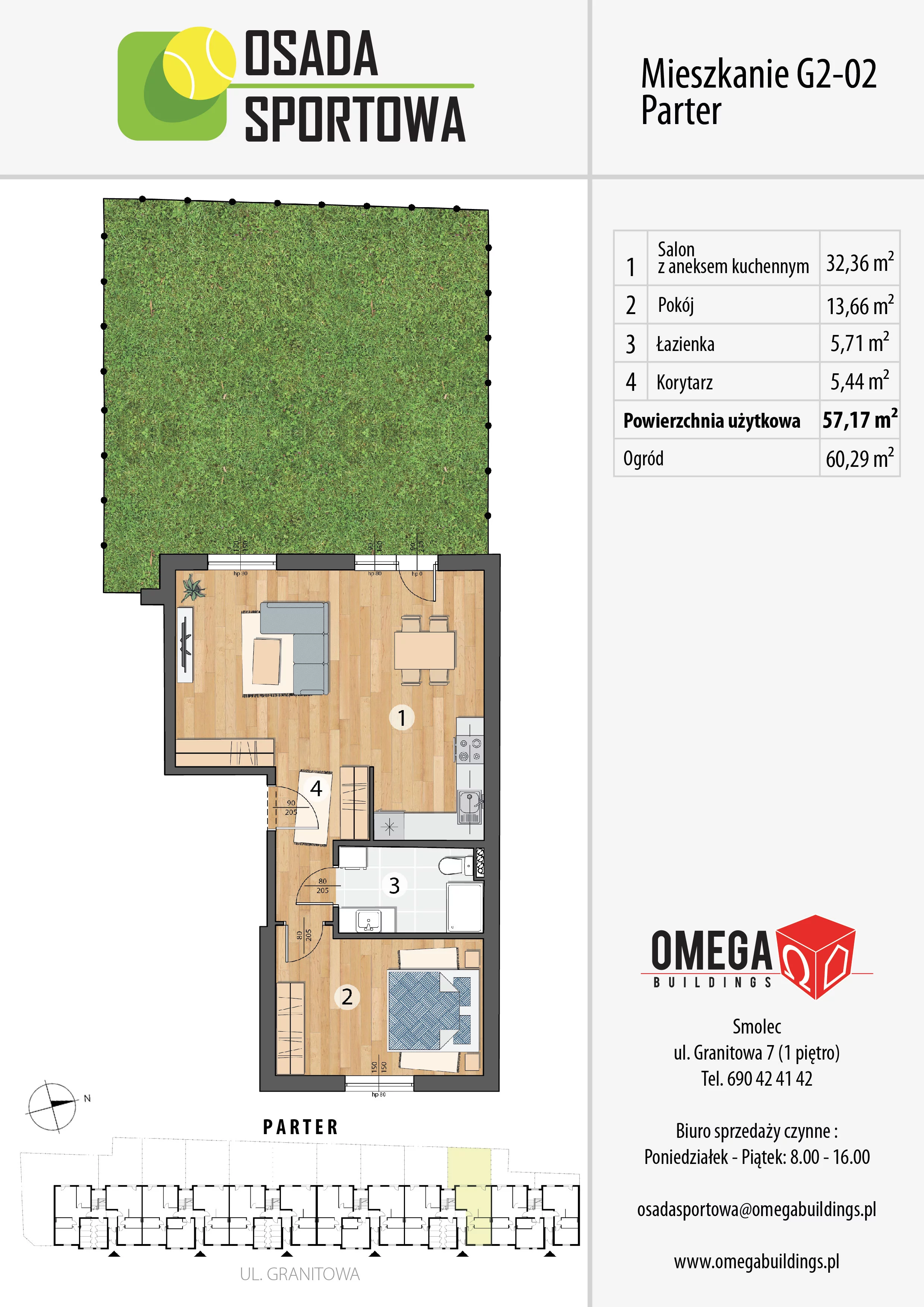 Mieszkanie 60,98 m², parter, oferta nr G2-02, Osada Sportowa Budynek G, Smolec, ul. Granitowa 52-62