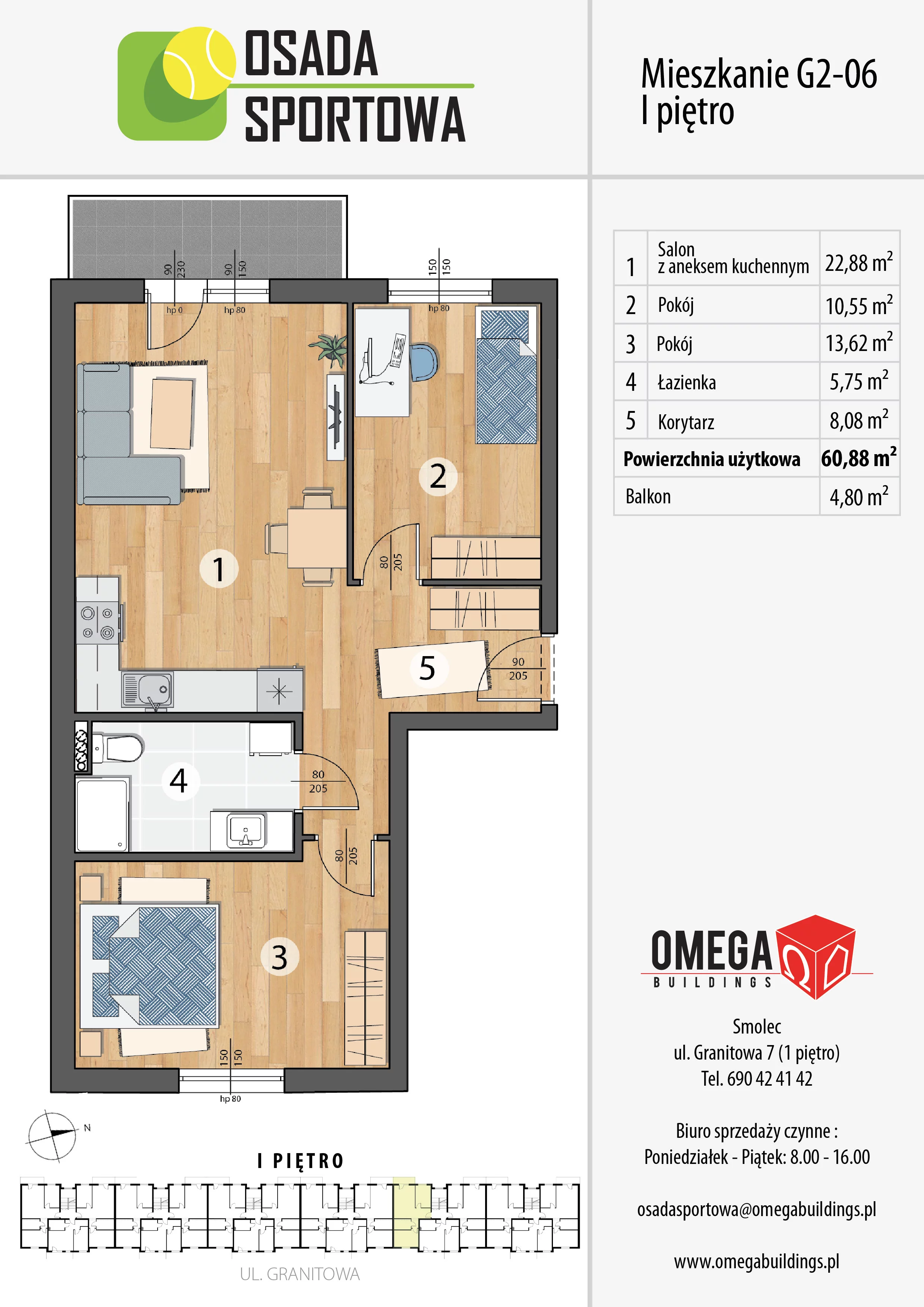 Mieszkanie 60,88 m², piętro 1, oferta nr G2-06, Osada Sportowa Budynek G, Smolec, ul. Granitowa 52-62