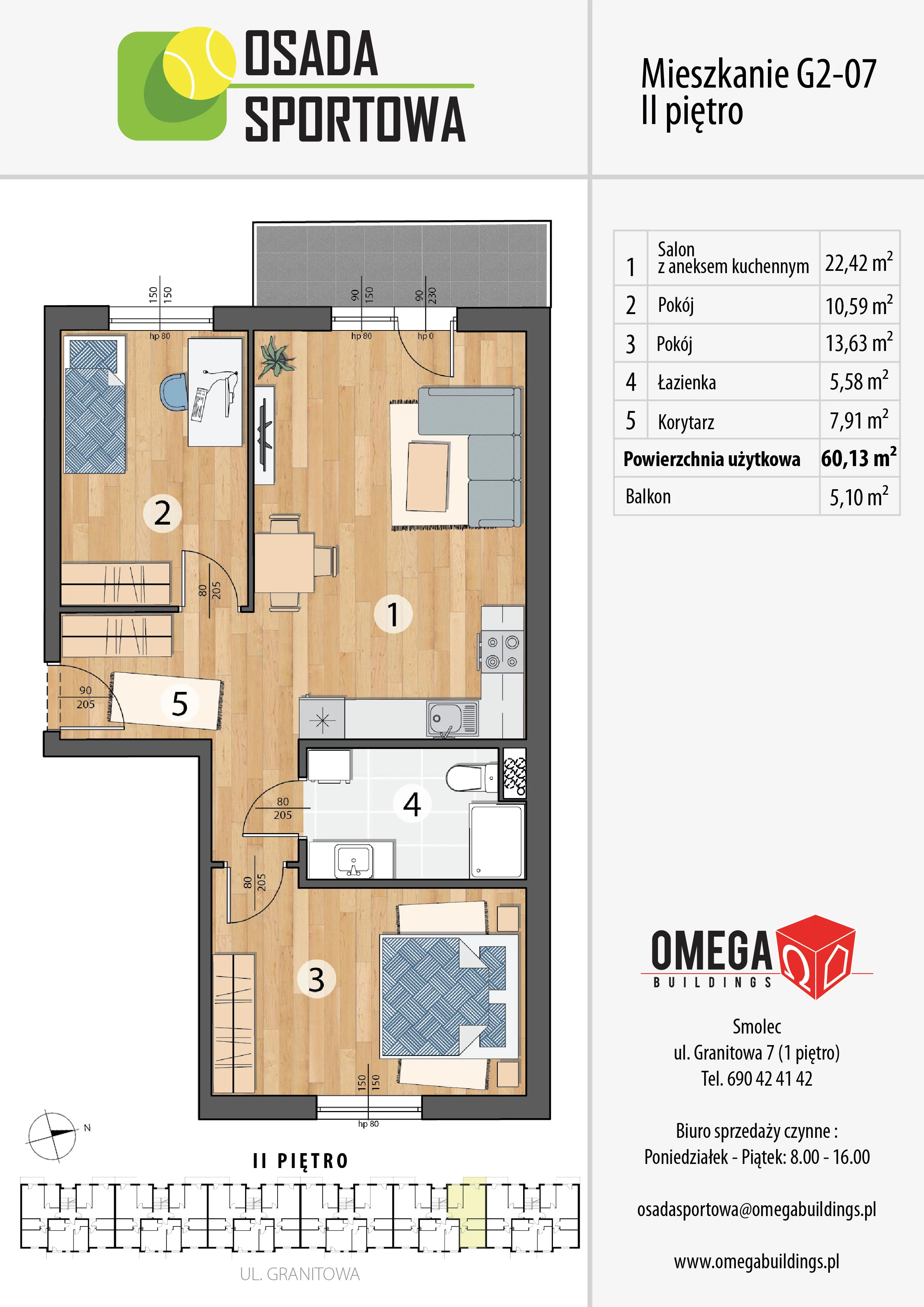 Mieszkanie 60,13 m², piętro 2, oferta nr G2-07, Osada Sportowa Budynek G, Smolec, ul. Granitowa 52-62