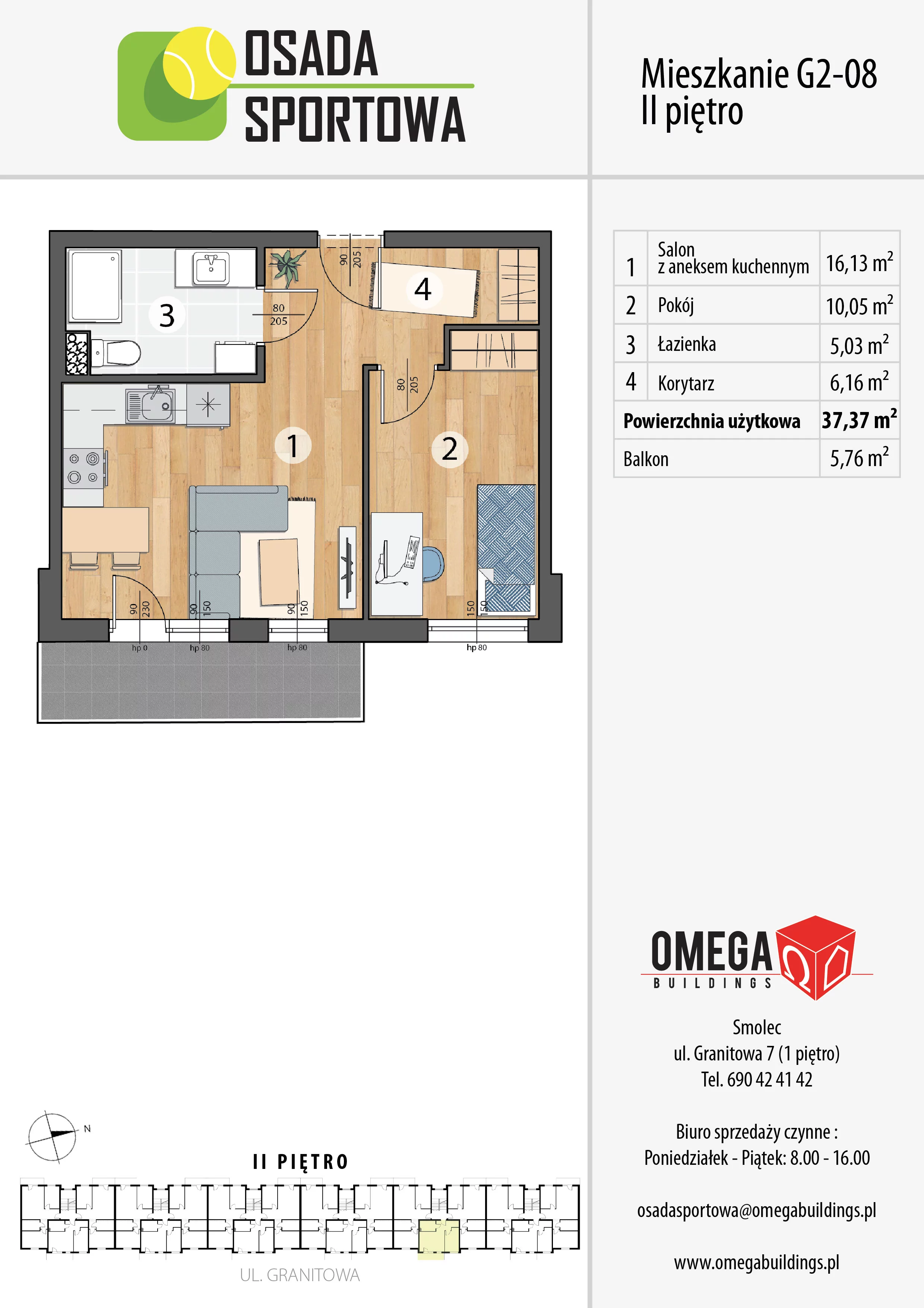 Mieszkanie 37,37 m², piętro 2, oferta nr G2-08, Osada Sportowa Budynek G, Smolec, ul. Granitowa 52-62