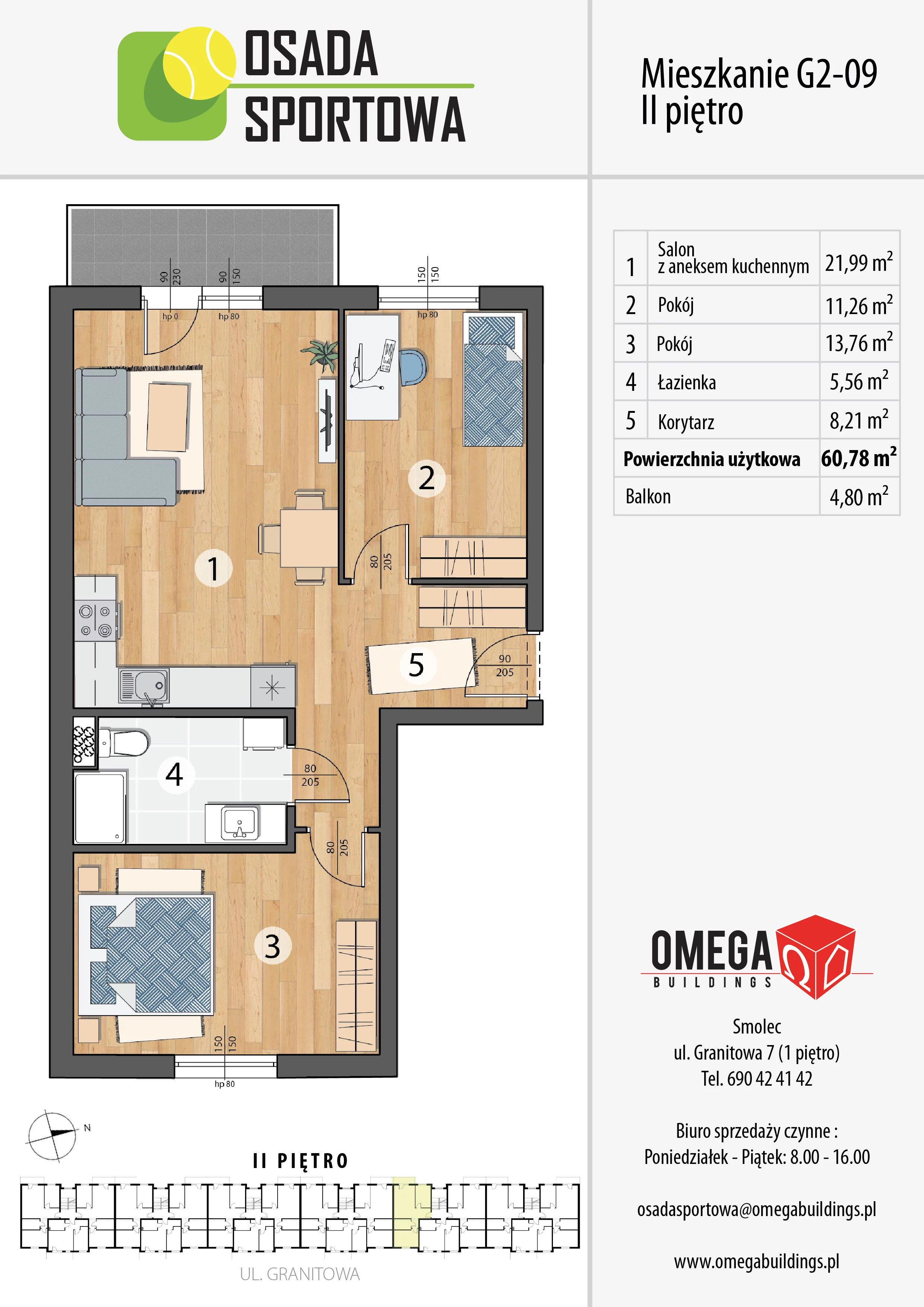 Mieszkanie 60,78 m², piętro 2, oferta nr G2-09, Osada Sportowa Budynek G, Smolec, ul. Granitowa 52-62