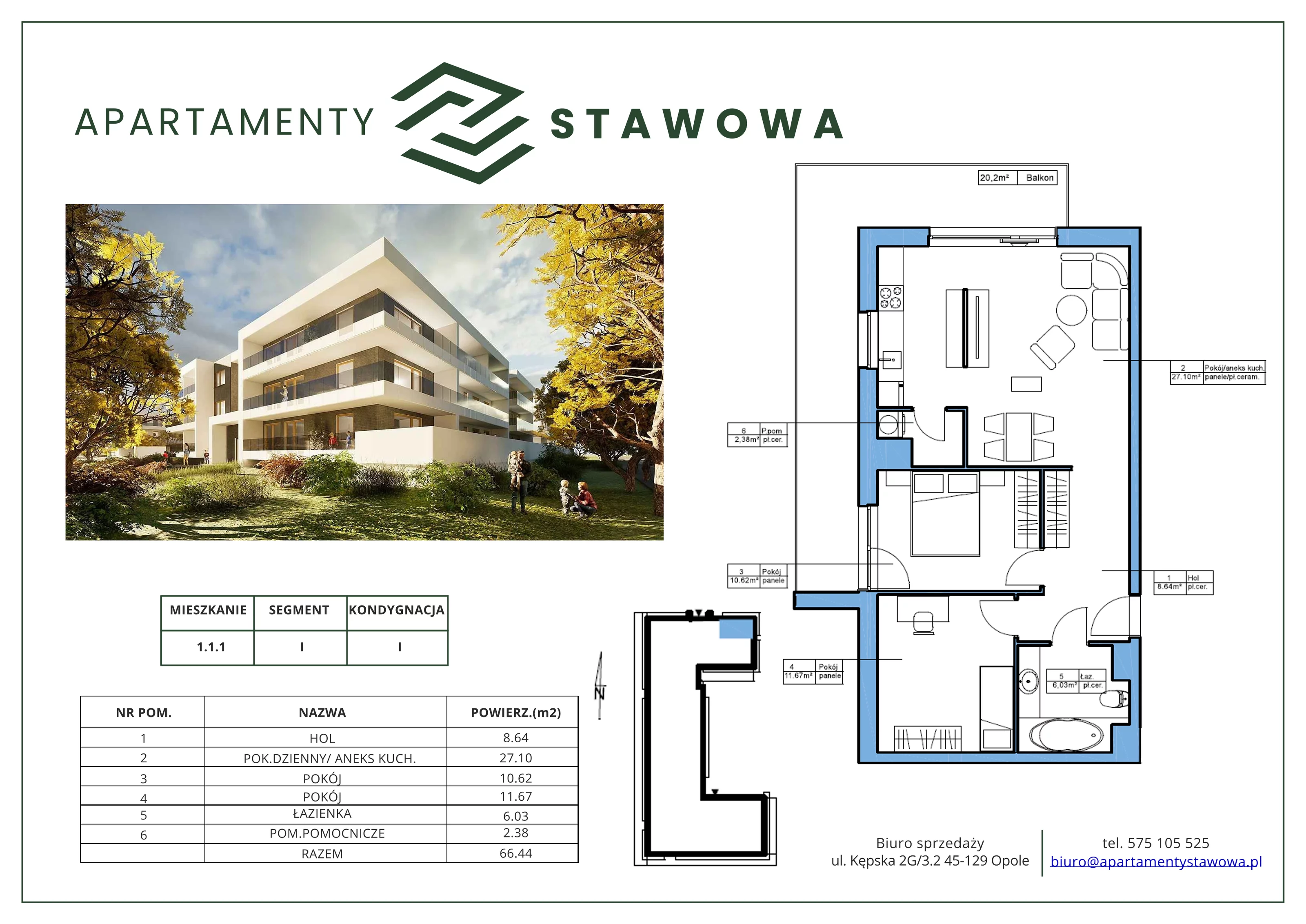3 pokoje, mieszkanie 66,44 m², parter, oferta nr 1.1.1., Apartamenty Stawowa, Opole, Szczepanowice, ul. Stawowa 59D-E