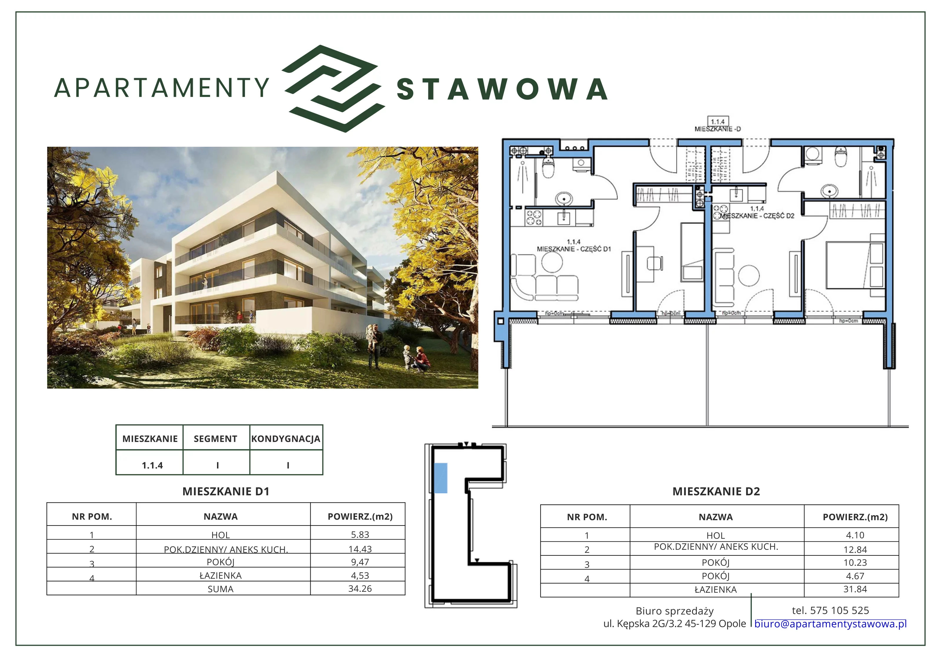 3 pokoje, mieszkanie 66,43 m², parter, oferta nr 1.1.4., Apartamenty Stawowa, Opole, Szczepanowice, ul. Stawowa 59D-E