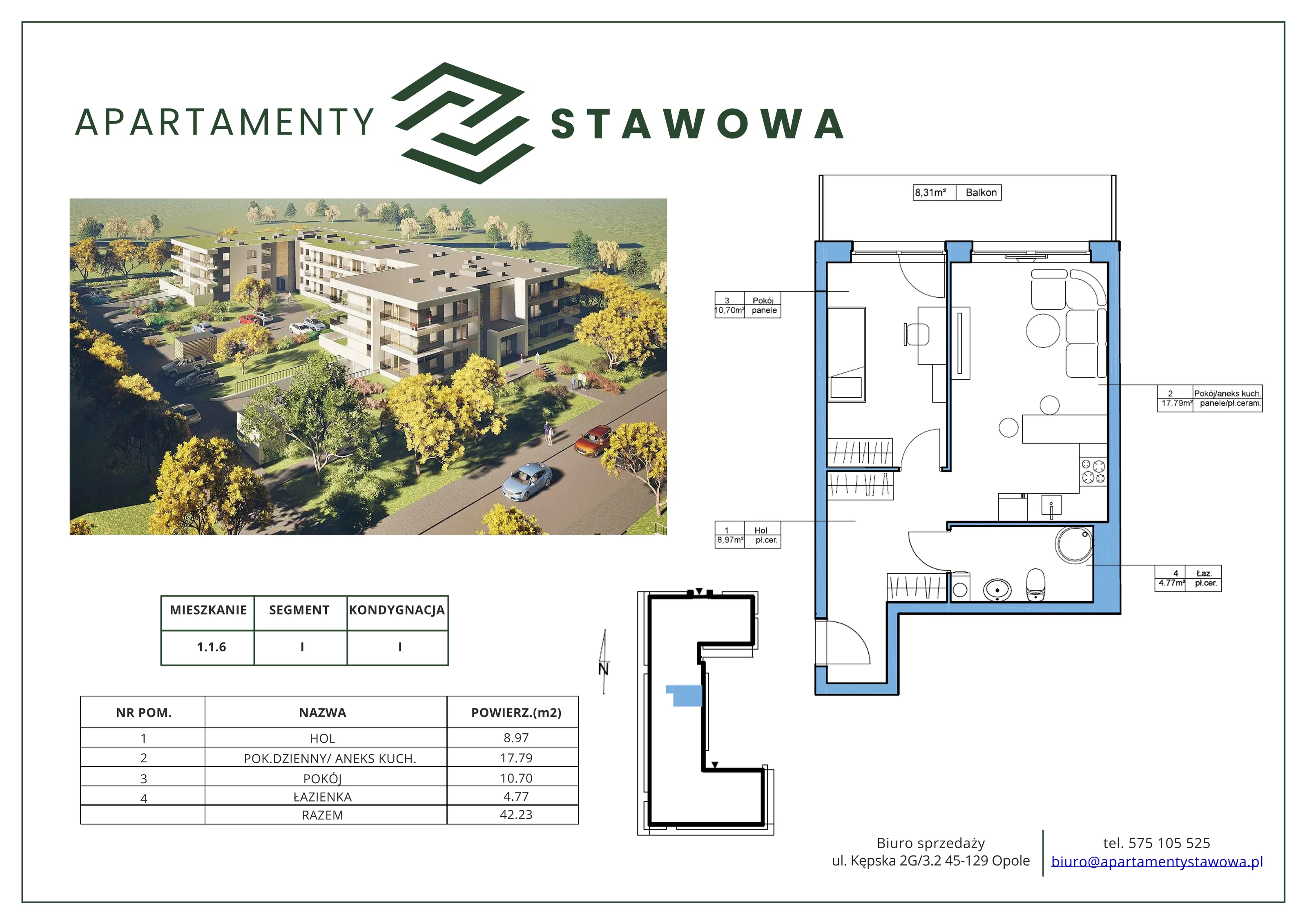 2 pokoje, mieszkanie 42,23 m², parter, oferta nr 1.1.6., Apartamenty Stawowa, Opole, Szczepanowice, ul. Stawowa 59D-E