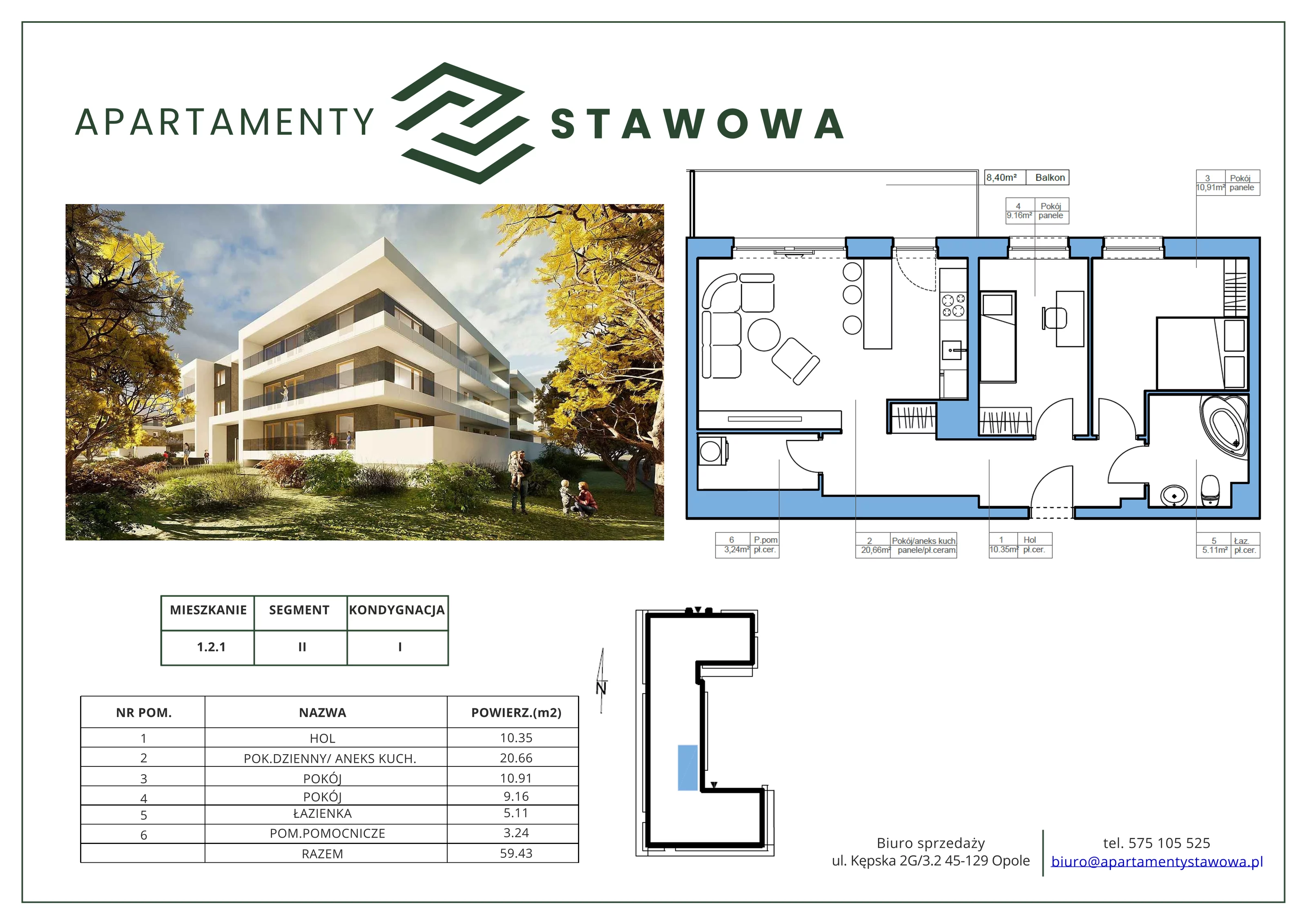 3 pokoje, mieszkanie 59,43 m², parter, oferta nr 1.2.1., Apartamenty Stawowa, Opole, Szczepanowice, ul. Stawowa 59D-E