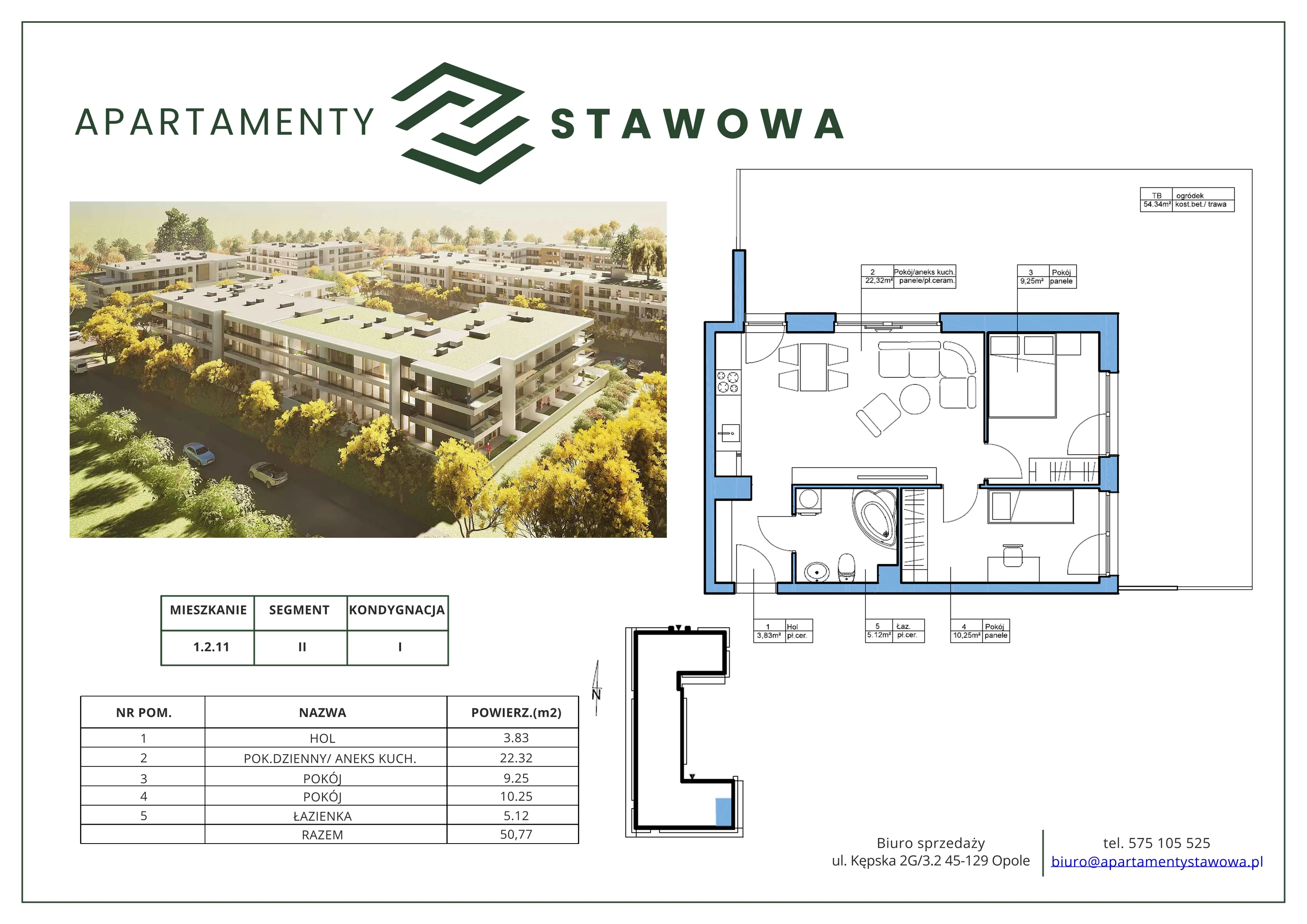 3 pokoje, mieszkanie 50,77 m², parter, oferta nr 1.2.11., Apartamenty Stawowa, Opole, Szczepanowice, ul. Stawowa 59D-E