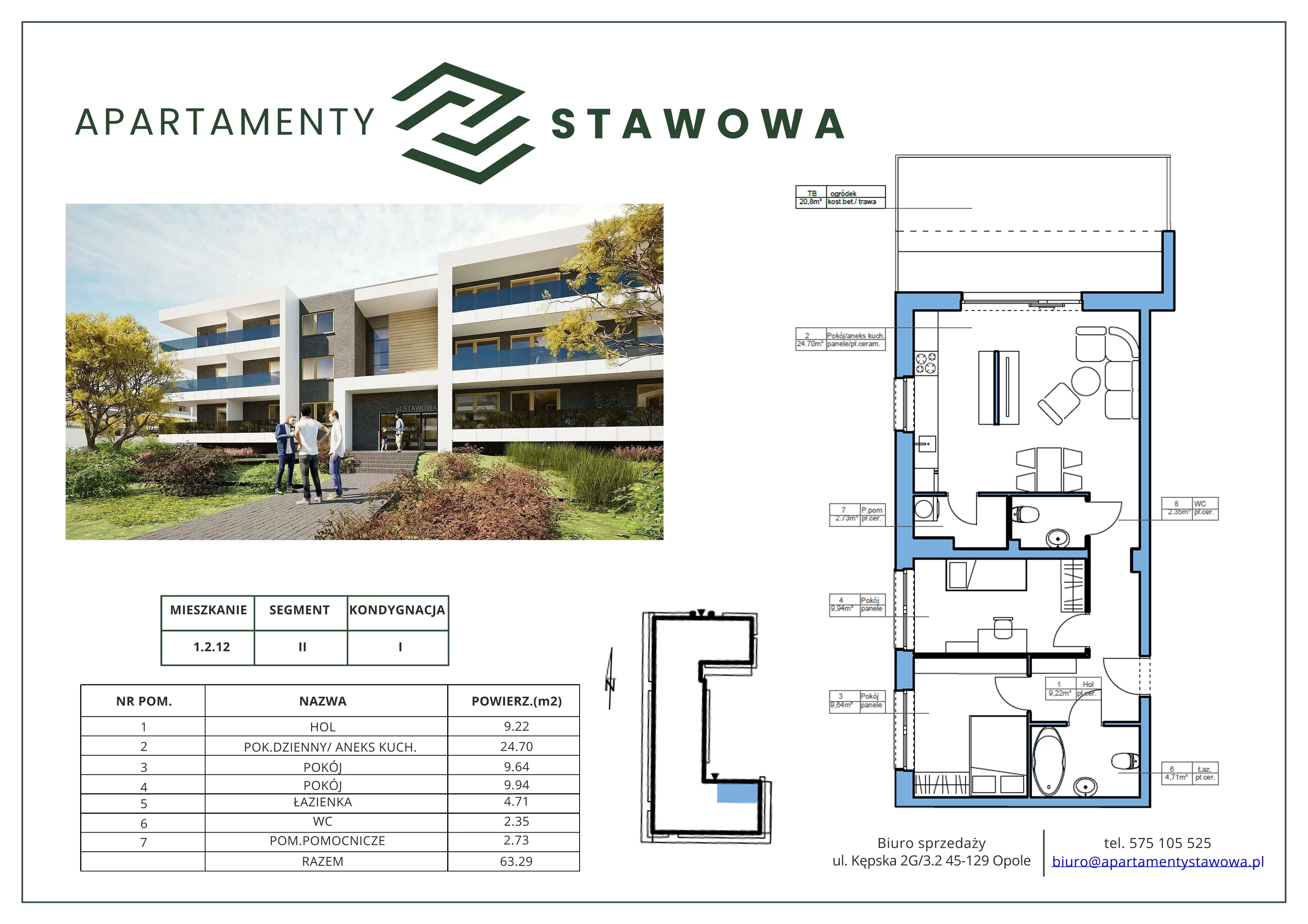 3 pokoje, mieszkanie 63,29 m², parter, oferta nr 1.2.12., Apartamenty Stawowa, Opole, Szczepanowice, ul. Stawowa 59D-E