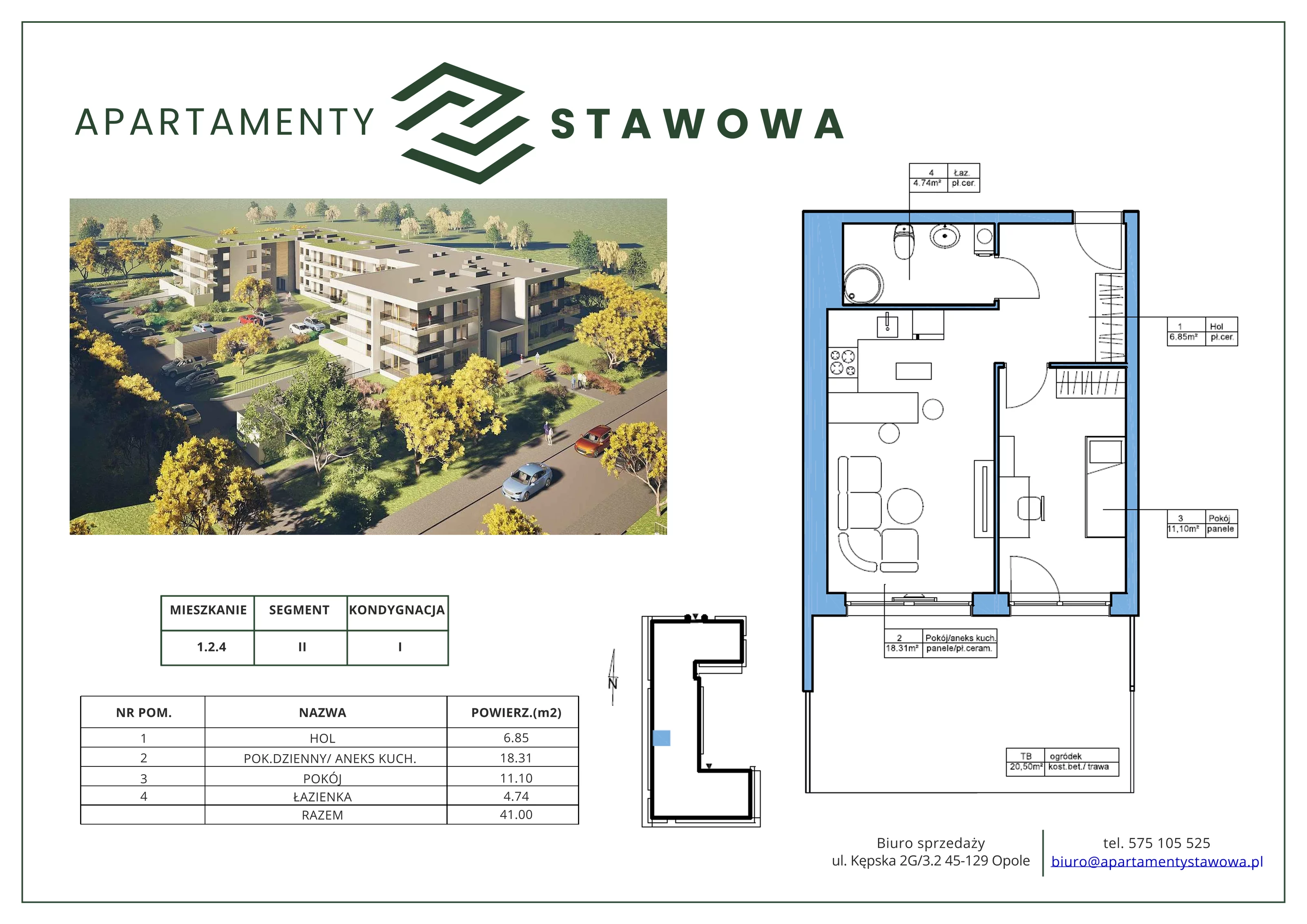 2 pokoje, mieszkanie 41,00 m², parter, oferta nr 1.2.4., Apartamenty Stawowa, Opole, Szczepanowice, ul. Stawowa 59D-E