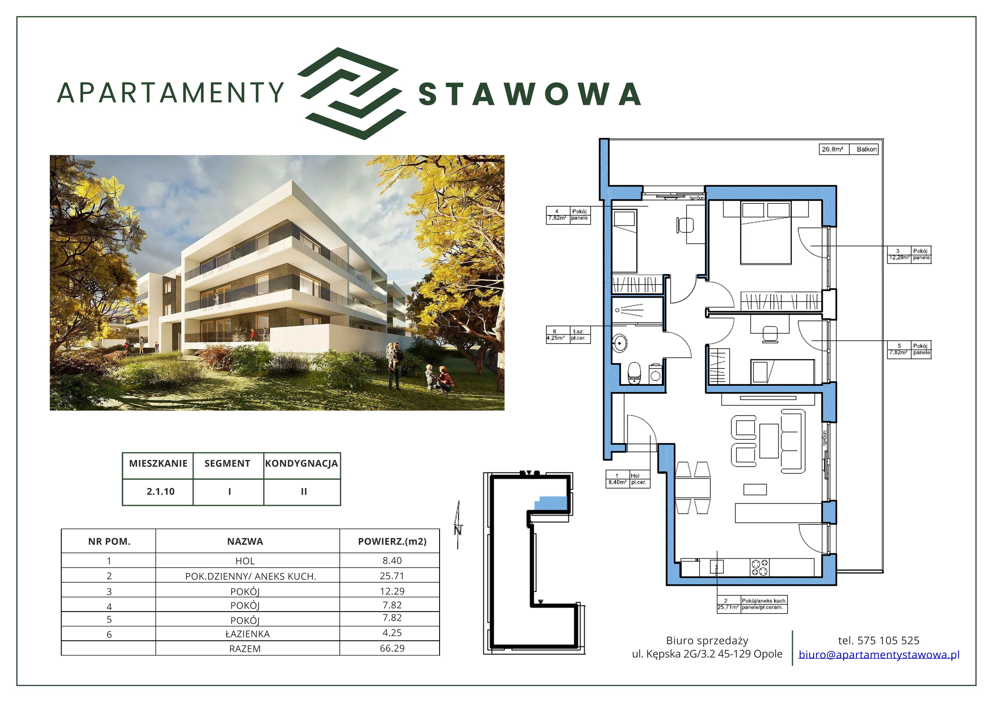 4 pokoje, mieszkanie 66,29 m², piętro 1, oferta nr 2.1.10., Apartamenty Stawowa, Opole, Szczepanowice, ul. Stawowa 59D-E