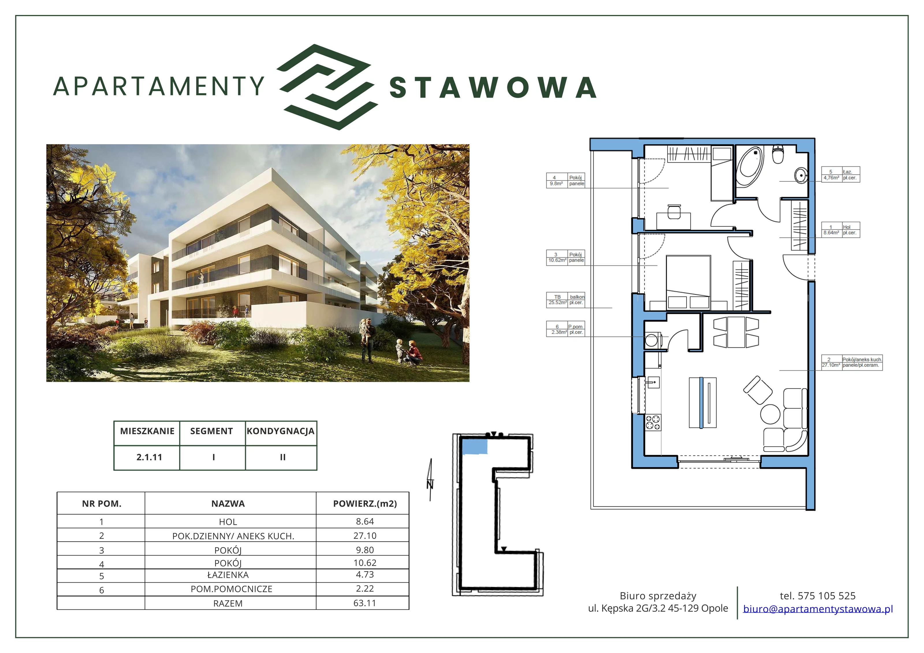 3 pokoje, mieszkanie 63,11 m², piętro 1, oferta nr 2.1.11., Apartamenty Stawowa, Opole, Szczepanowice, ul. Stawowa 59D-E