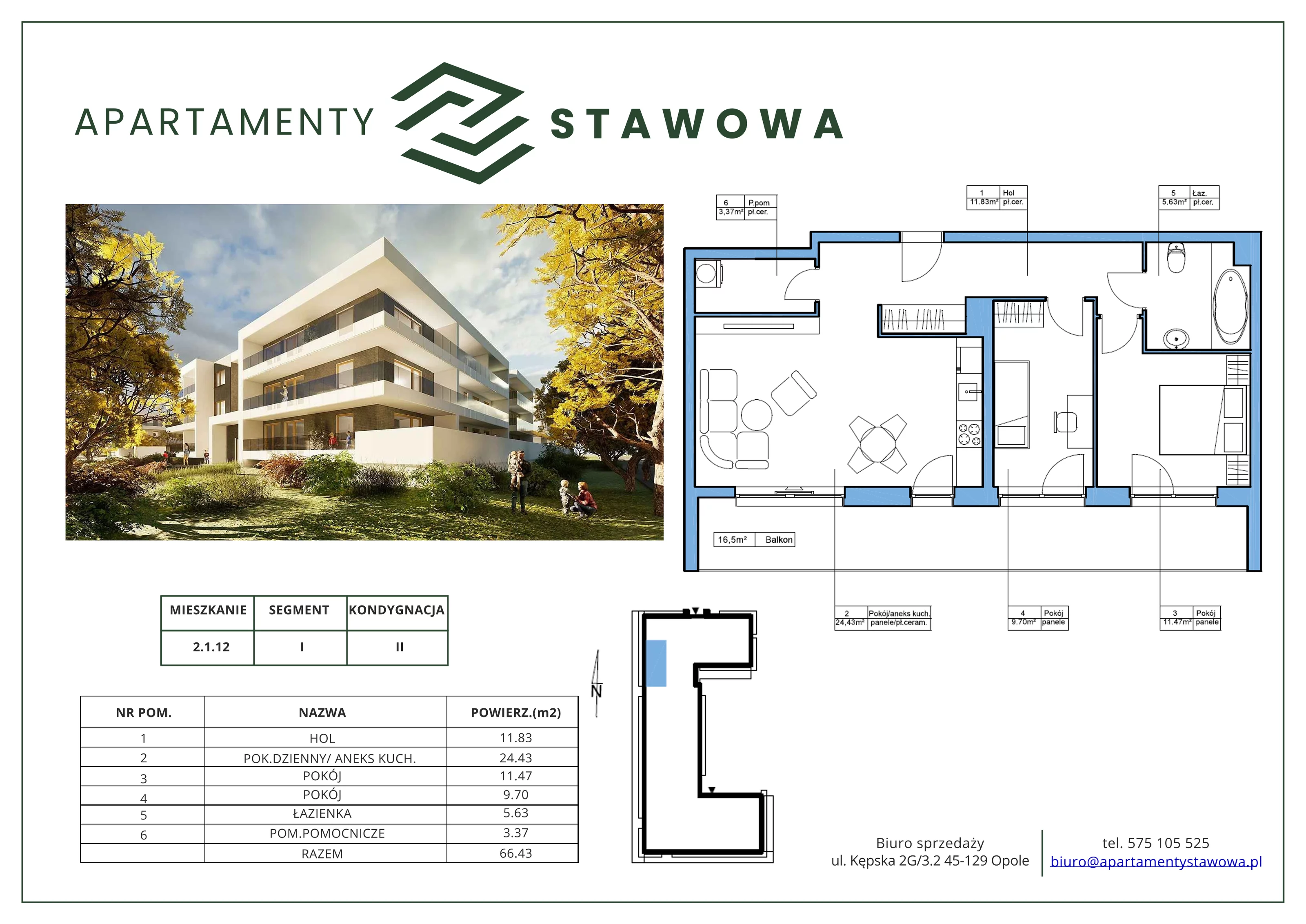 3 pokoje, mieszkanie 66,43 m², piętro 1, oferta nr 2.1.12., Apartamenty Stawowa, Opole, Szczepanowice, ul. Stawowa 59D-E