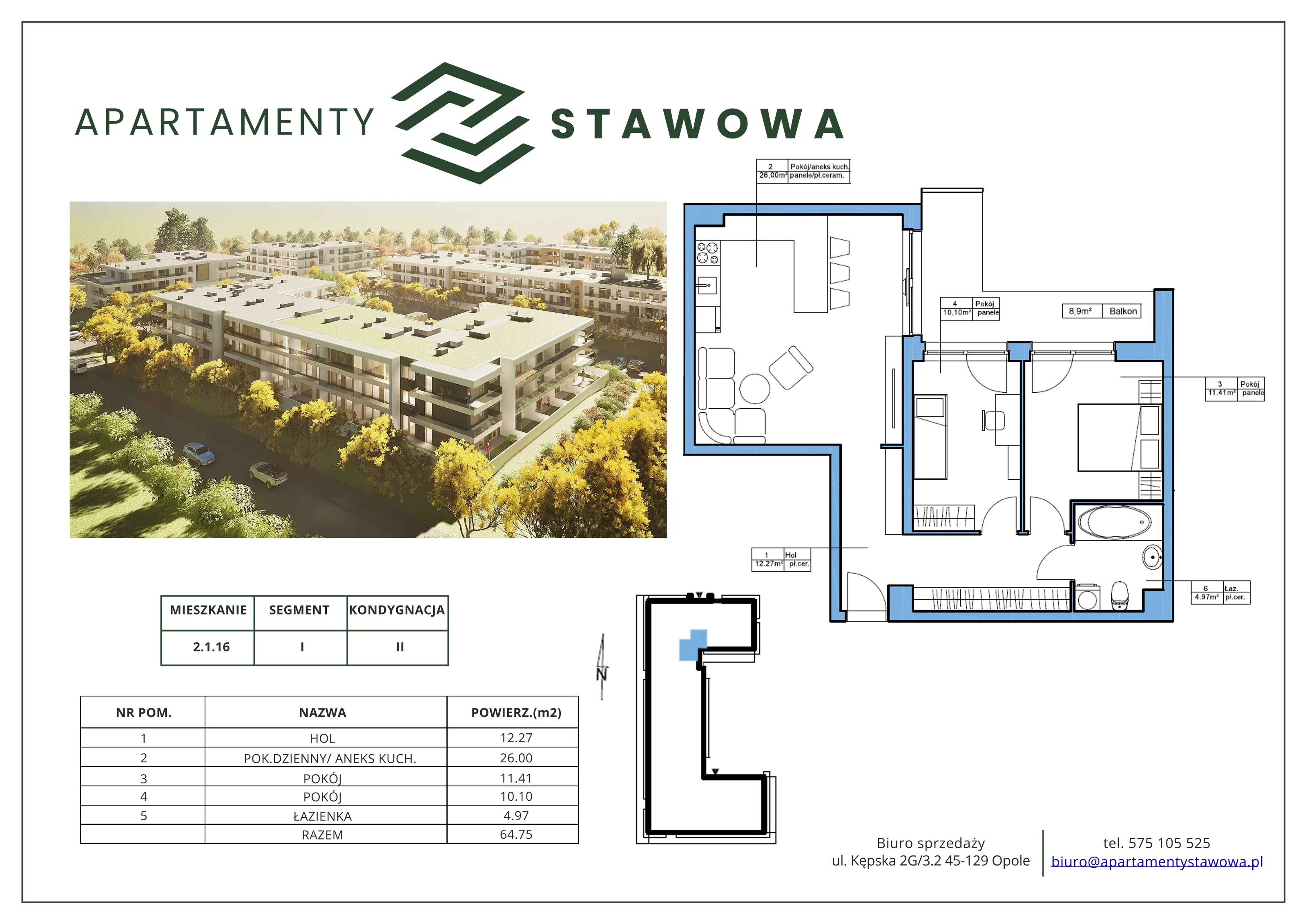 3 pokoje, mieszkanie 64,75 m², piętro 1, oferta nr 2.1.16., Apartamenty Stawowa, Opole, Szczepanowice, ul. Stawowa 59D-E