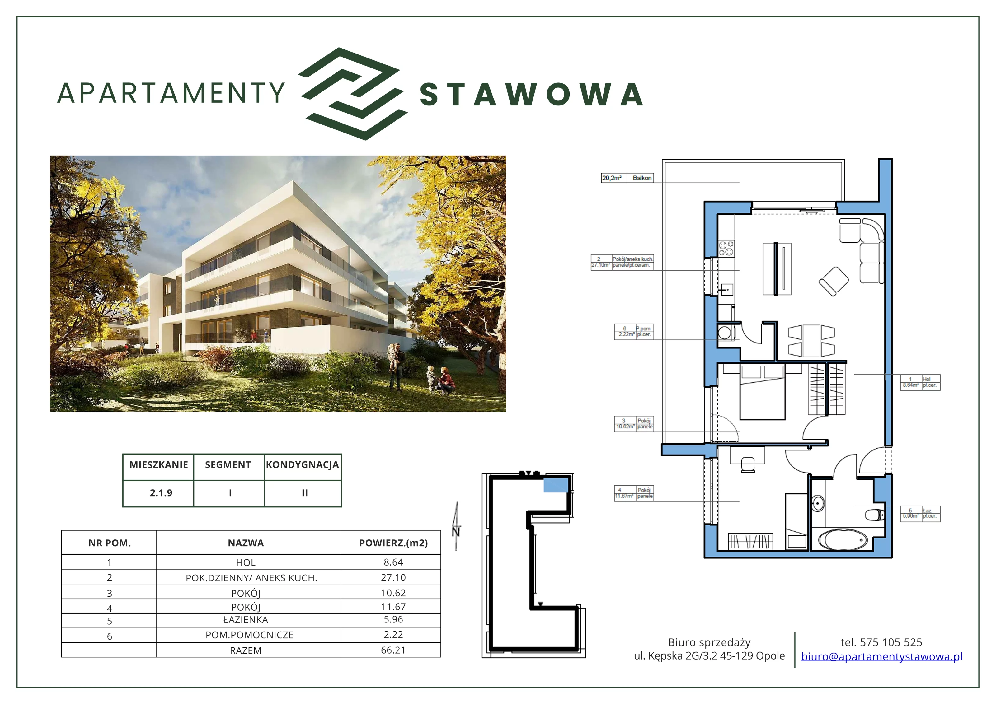 3 pokoje, mieszkanie 66,21 m², piętro 1, oferta nr 2.1.9., Apartamenty Stawowa, Opole, Szczepanowice, ul. Stawowa 59D-E