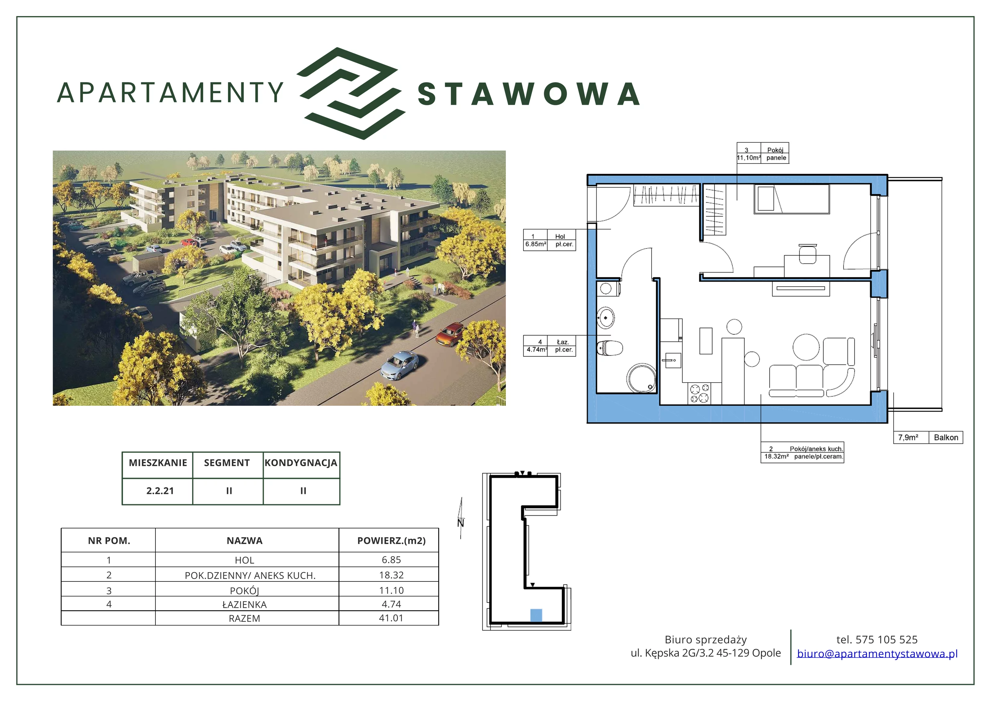 2 pokoje, mieszkanie 41,01 m², piętro 1, oferta nr 2.2.21., Apartamenty Stawowa, Opole, Szczepanowice, ul. Stawowa 59D-E