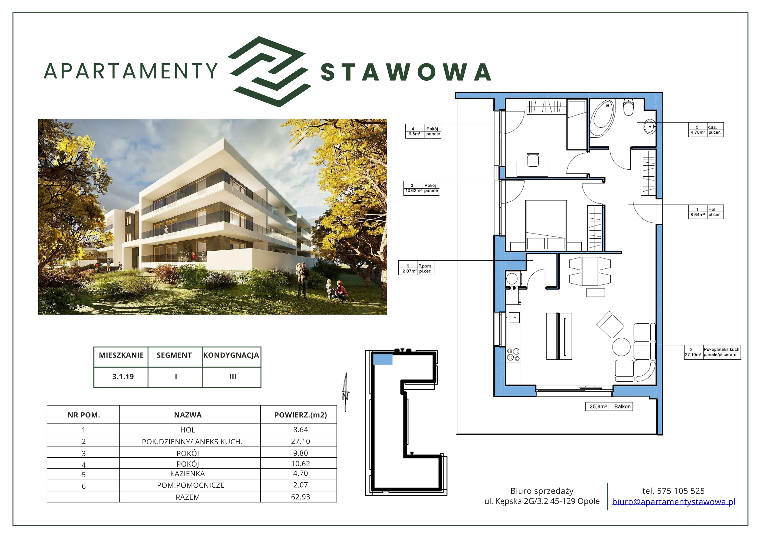3 pokoje, mieszkanie 62,93 m², piętro 2, oferta nr 3.1.19., Apartamenty Stawowa, Opole, Szczepanowice, ul. Stawowa 59D-E
