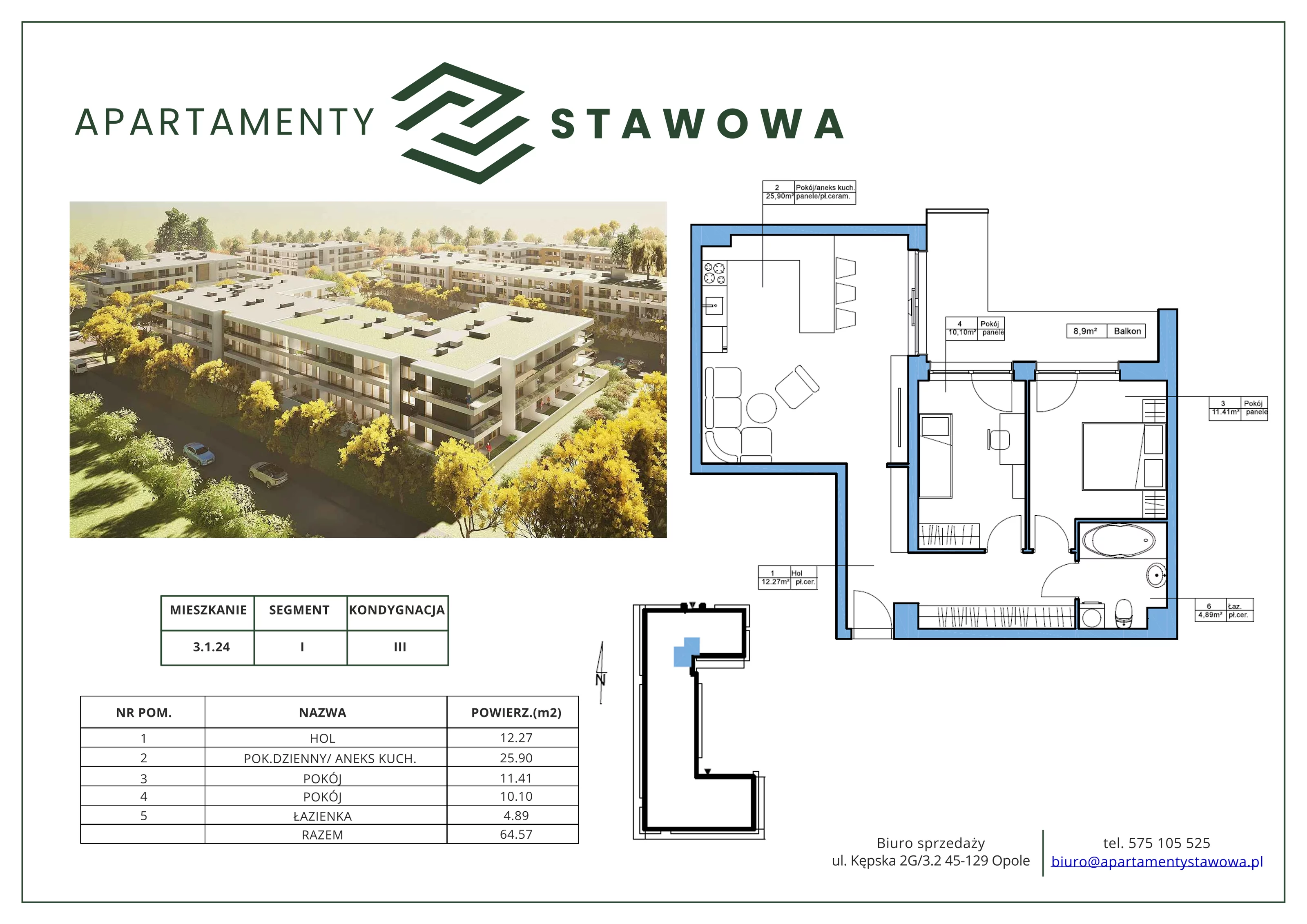 3 pokoje, mieszkanie 64,57 m², piętro 2, oferta nr 3.1.24., Apartamenty Stawowa, Opole, Szczepanowice, ul. Stawowa 59D-E