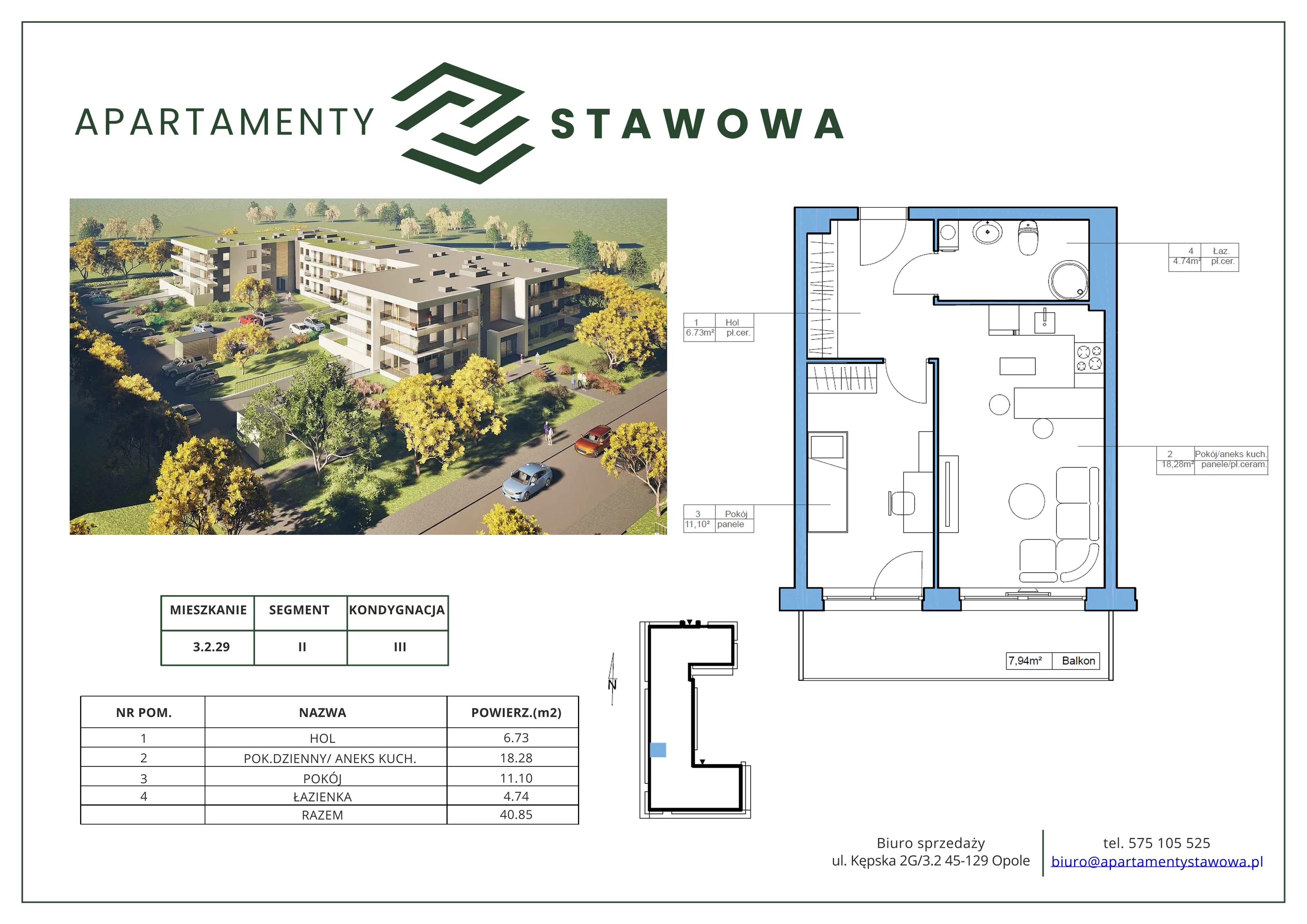 2 pokoje, mieszkanie 40,85 m², piętro 2, oferta nr 3.2.29., Apartamenty Stawowa, Opole, Szczepanowice, ul. Stawowa 59D-E