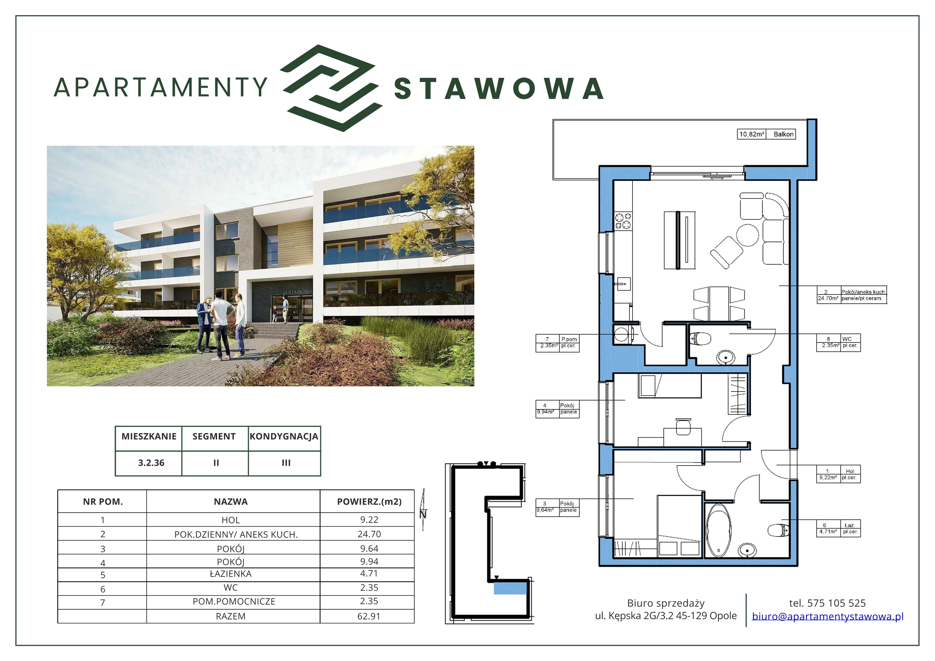 3 pokoje, mieszkanie 62,91 m², piętro 2, oferta nr 3.2.36., Apartamenty Stawowa, Opole, Szczepanowice, ul. Stawowa 59D-E