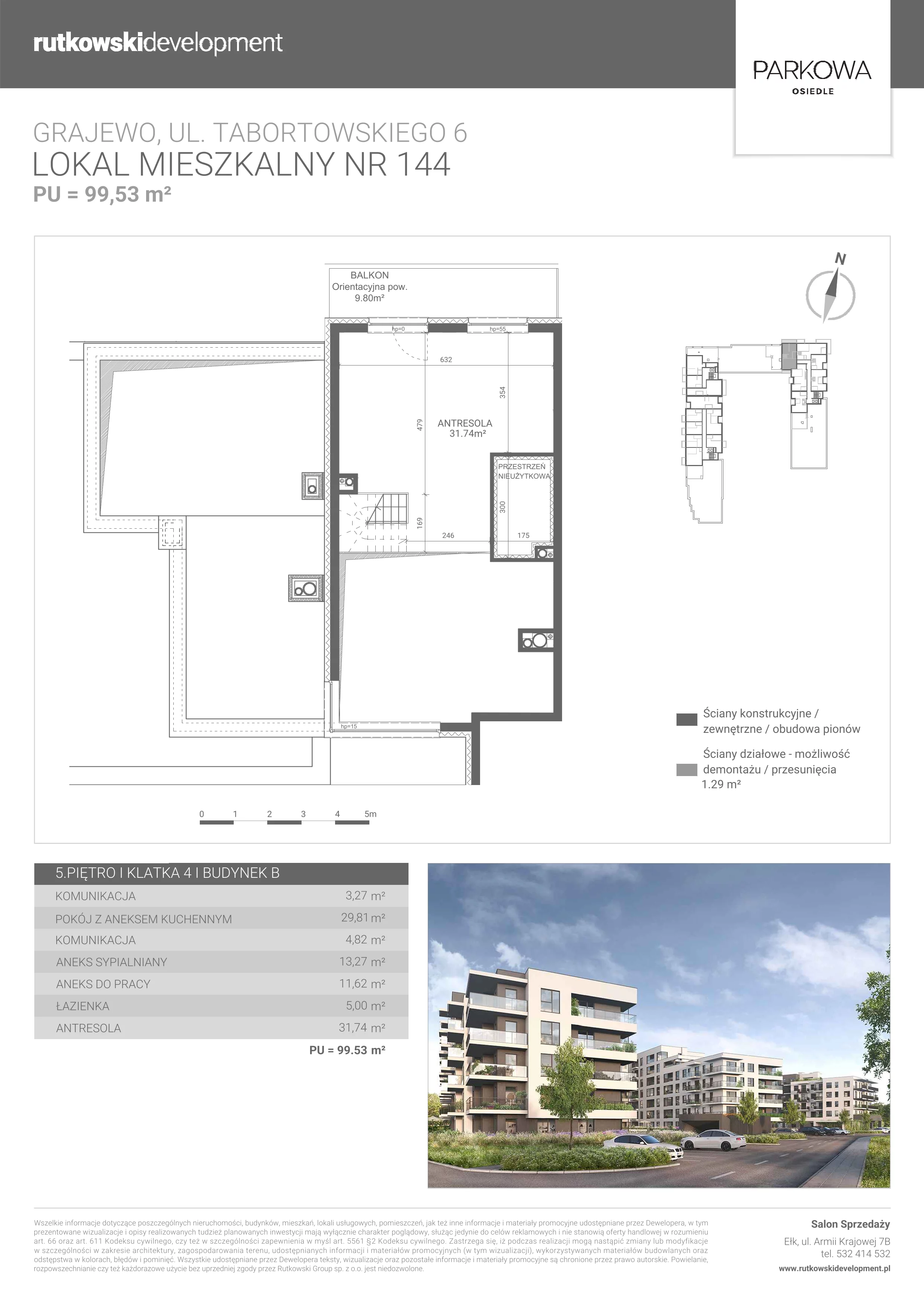 1 pokój, mieszkanie 99,53 m², piętro 5, oferta nr M144, Parkowa Osiedle, Grajewo, ul. mjr. Jana Tabortowskiego 6
