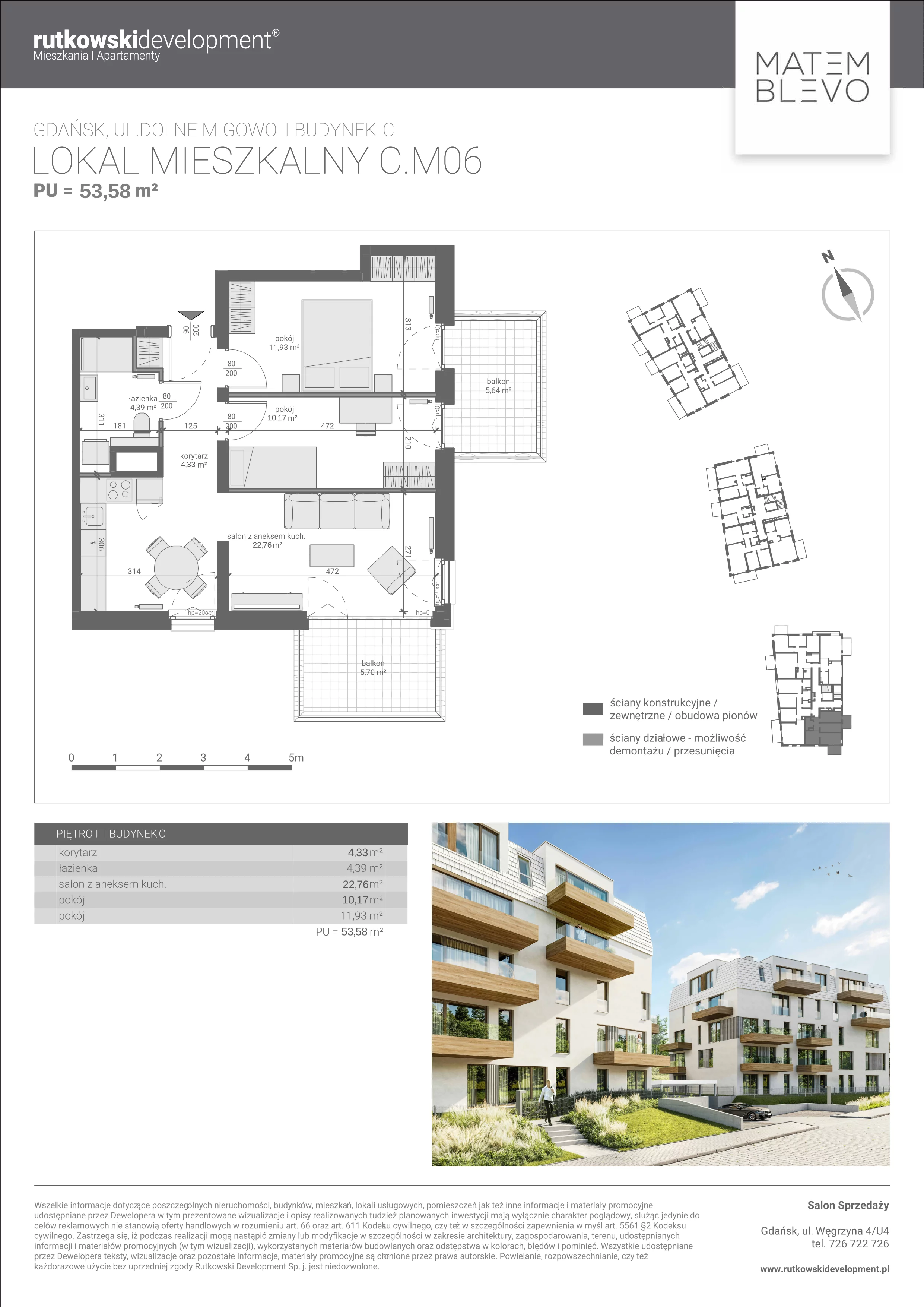 3 pokoje, mieszkanie 53,58 m², piętro 1, oferta nr M6, Matemblevo - etap c, Gdańsk, Piecki-Migowo, ul. Dolne Migowo 23 E