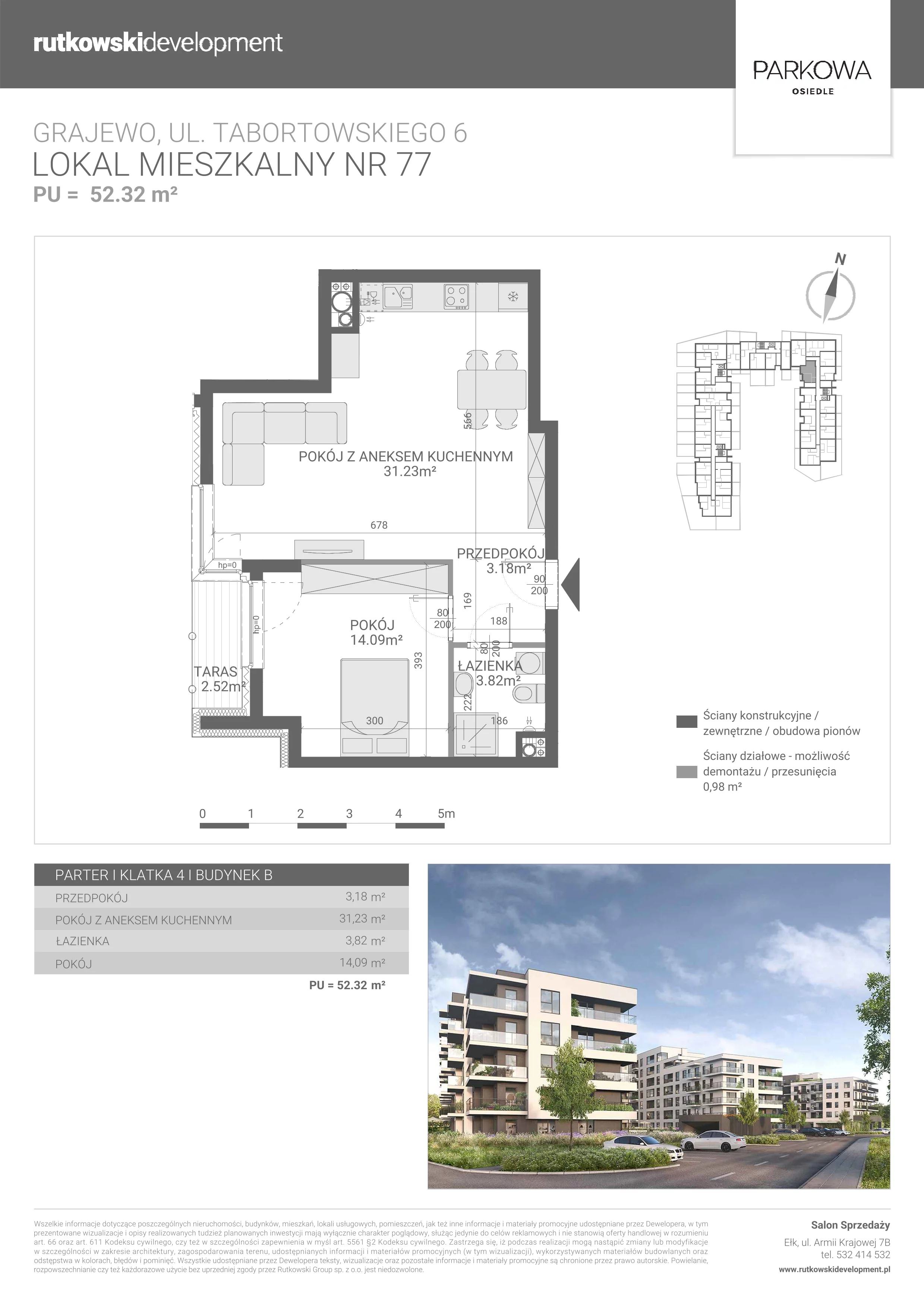 3 pokoje, mieszkanie 52,32 m², parter, oferta nr M77, Parkowa Osiedle, Grajewo, ul. mjr. Jana Tabortowskiego 6