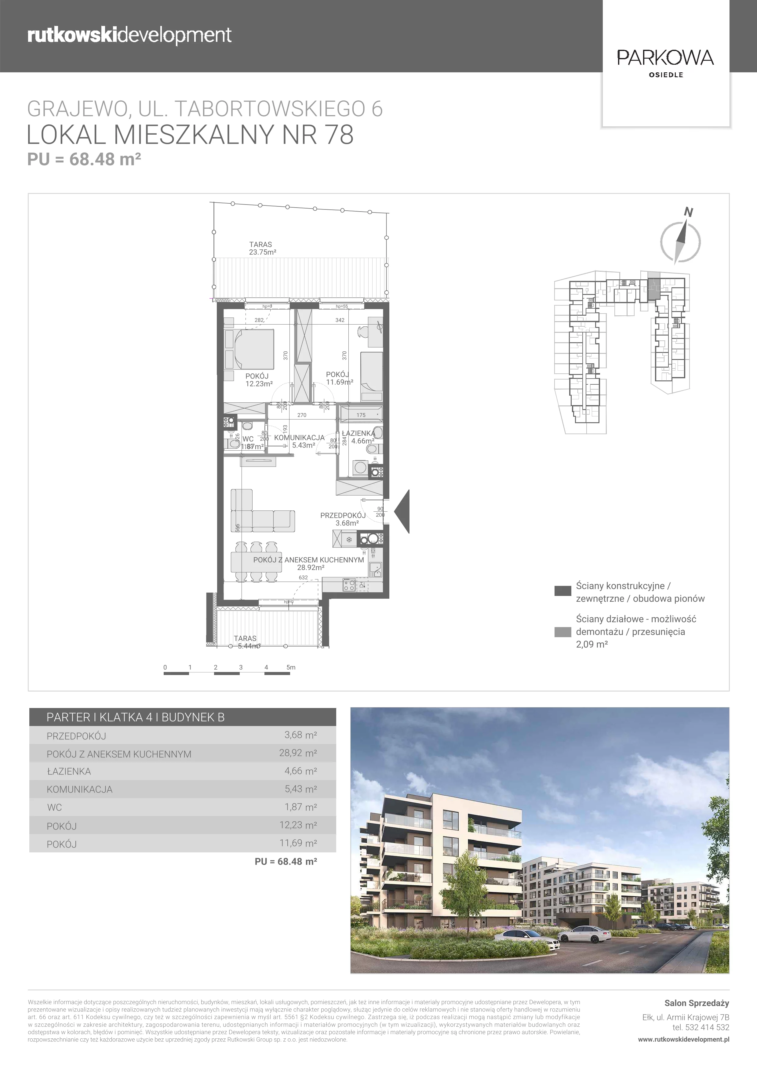 3 pokoje, mieszkanie 68,48 m², parter, oferta nr M78, Parkowa Osiedle, Grajewo, ul. mjr. Jana Tabortowskiego 6