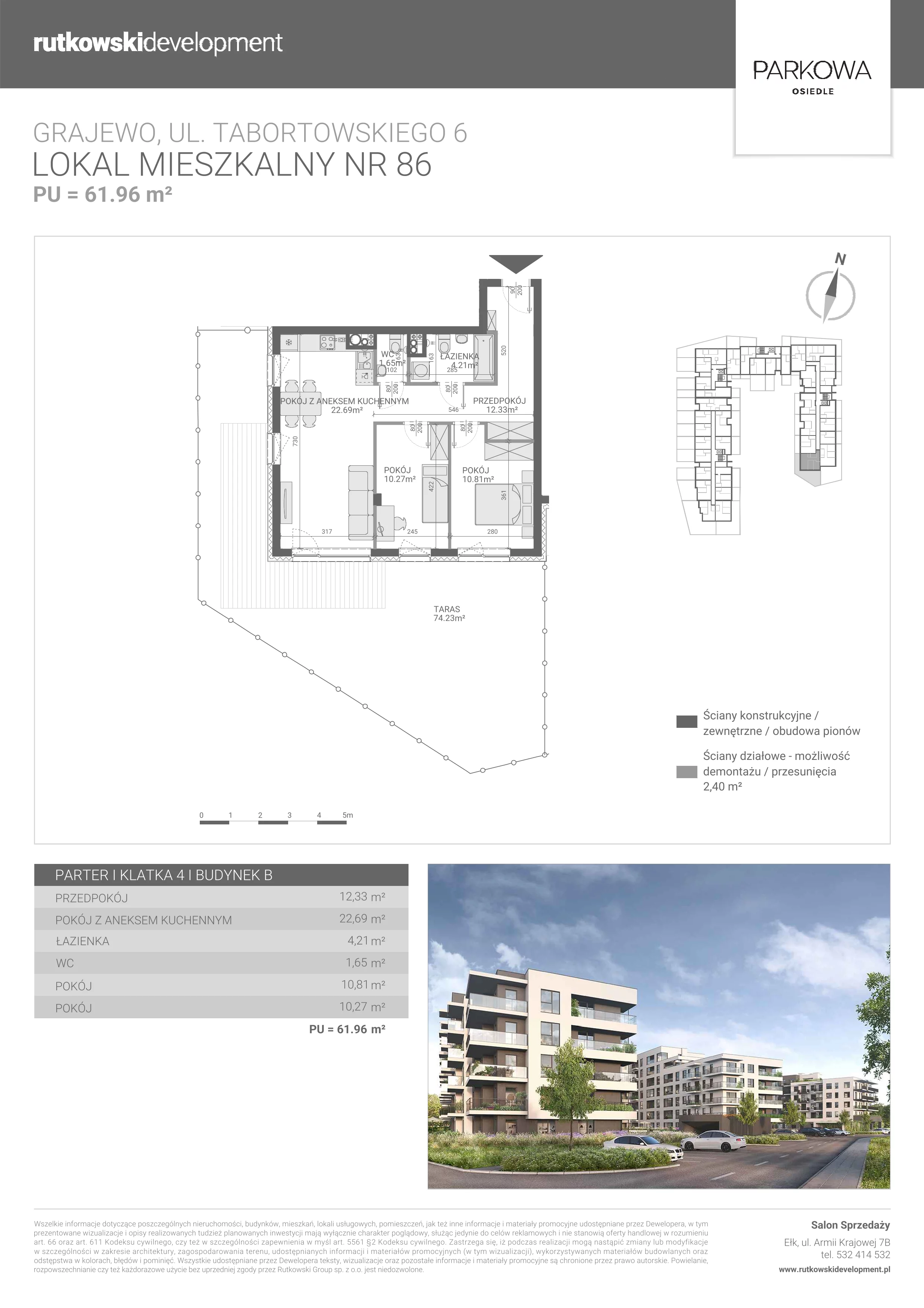 3 pokoje, mieszkanie 61,96 m², parter, oferta nr M86, Parkowa Osiedle, Grajewo, ul. mjr. Jana Tabortowskiego 6