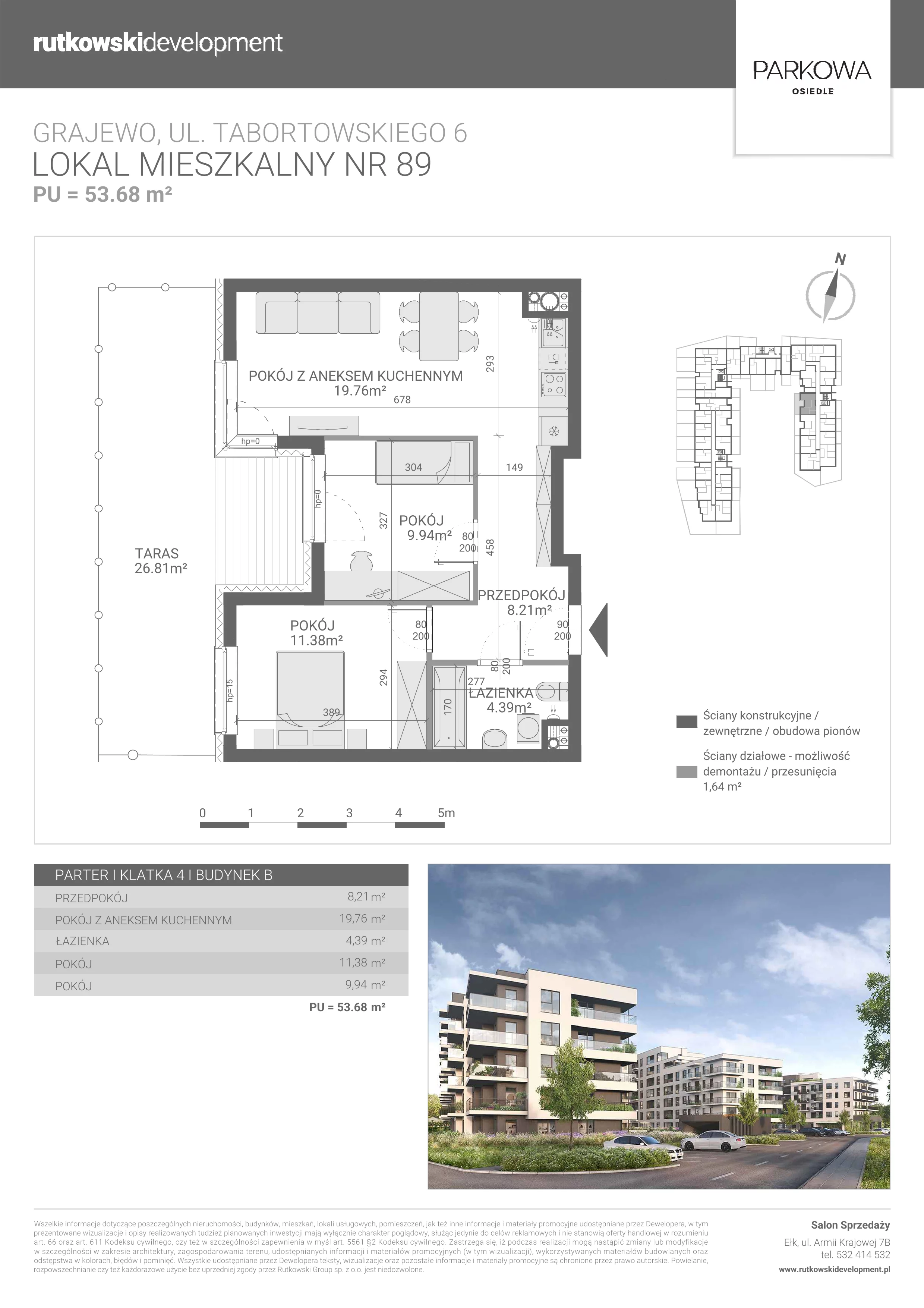 3 pokoje, mieszkanie 53,68 m², parter, oferta nr M89, Parkowa Osiedle, Grajewo, ul. mjr. Jana Tabortowskiego 6