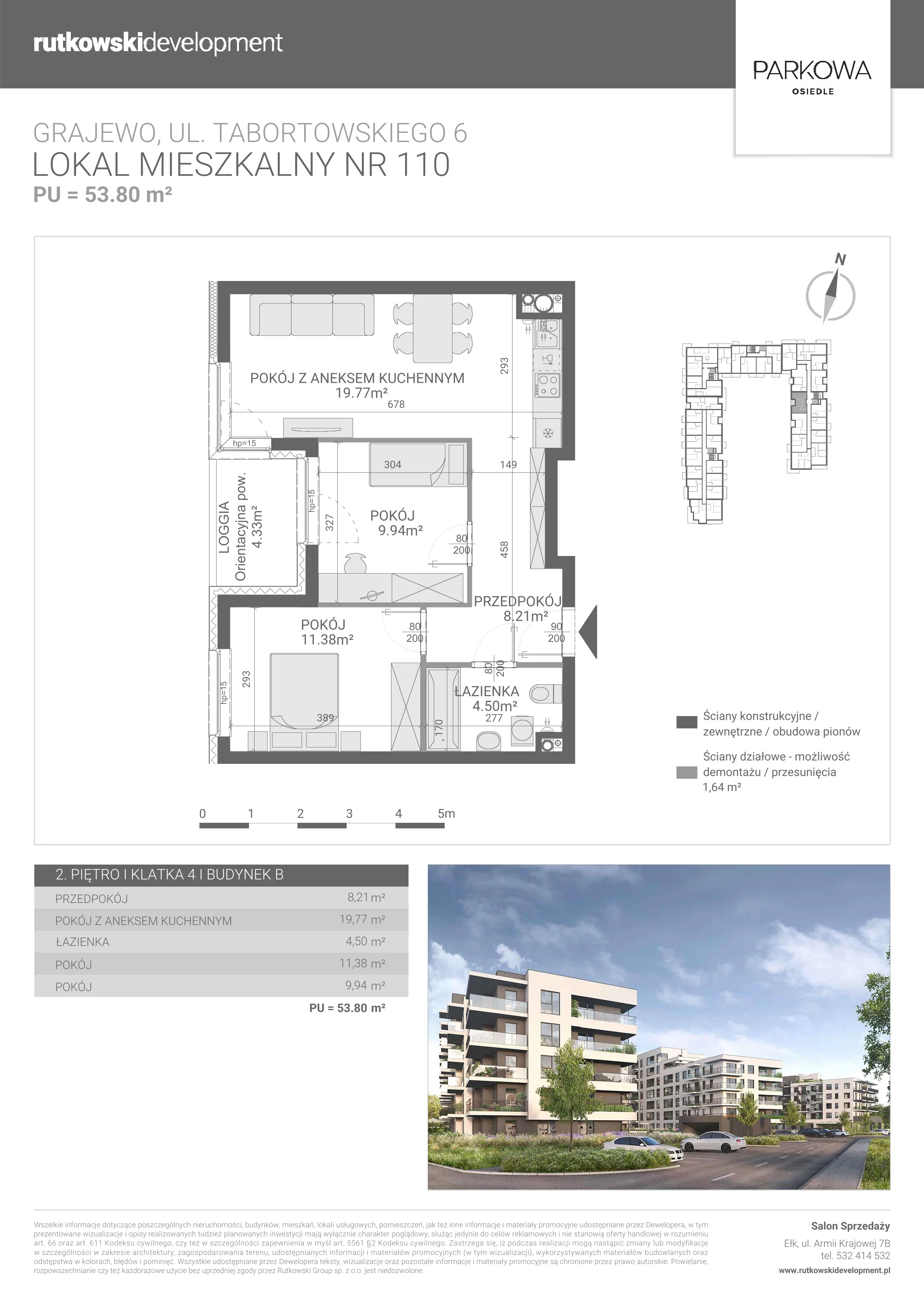 3 pokoje, mieszkanie 53,80 m², piętro 2, oferta nr M110, Parkowa Osiedle, Grajewo, ul. mjr. Jana Tabortowskiego 6