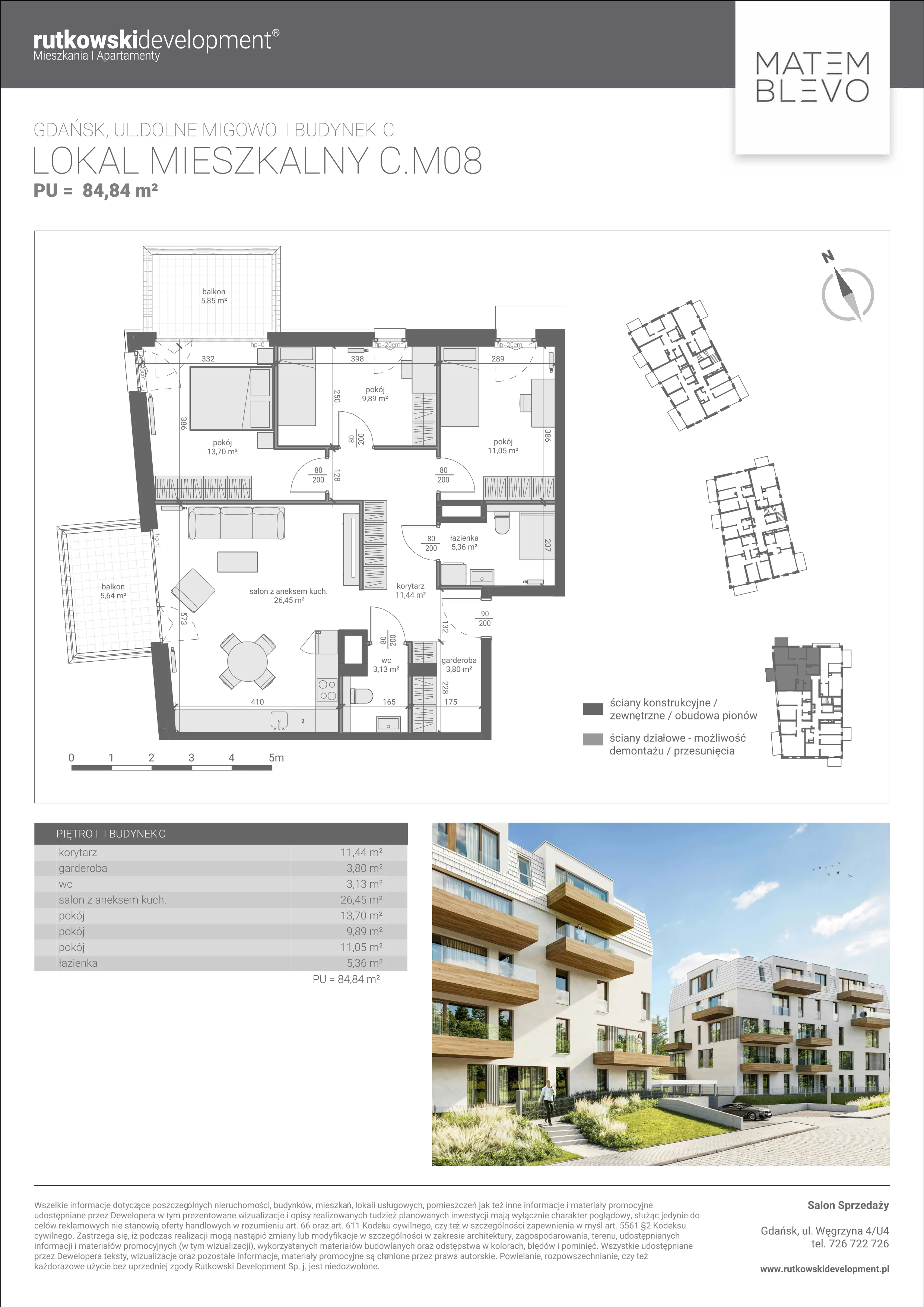 4 pokoje, mieszkanie 84,84 m², piętro 1, oferta nr M8, Matemblevo - etap c, Gdańsk, Piecki-Migowo, ul. Dolne Migowo 23 E