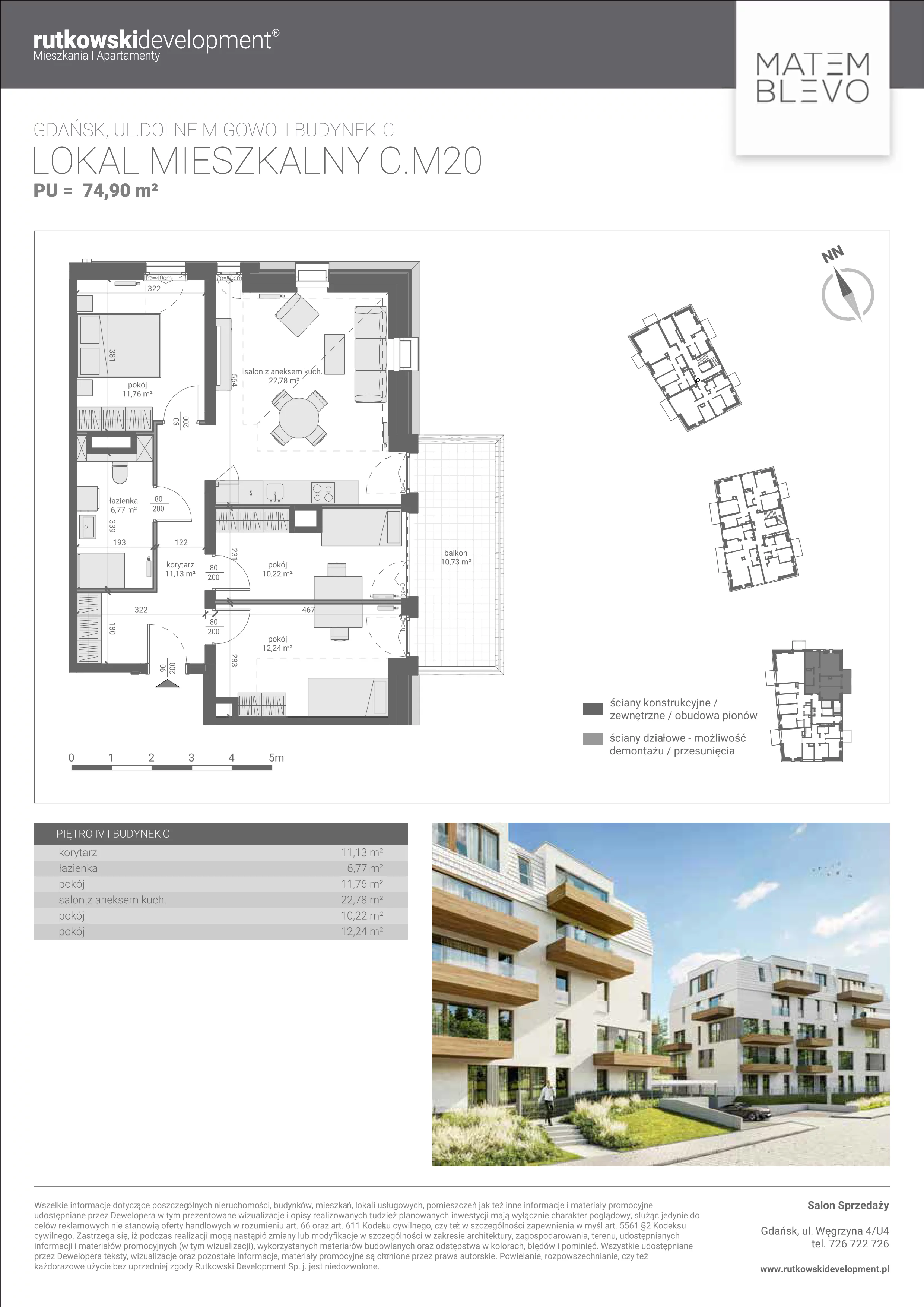 4 pokoje, mieszkanie 74,90 m², piętro 4, oferta nr M20, Matemblevo - etap c, Gdańsk, Piecki-Migowo, ul. Dolne Migowo 23 E