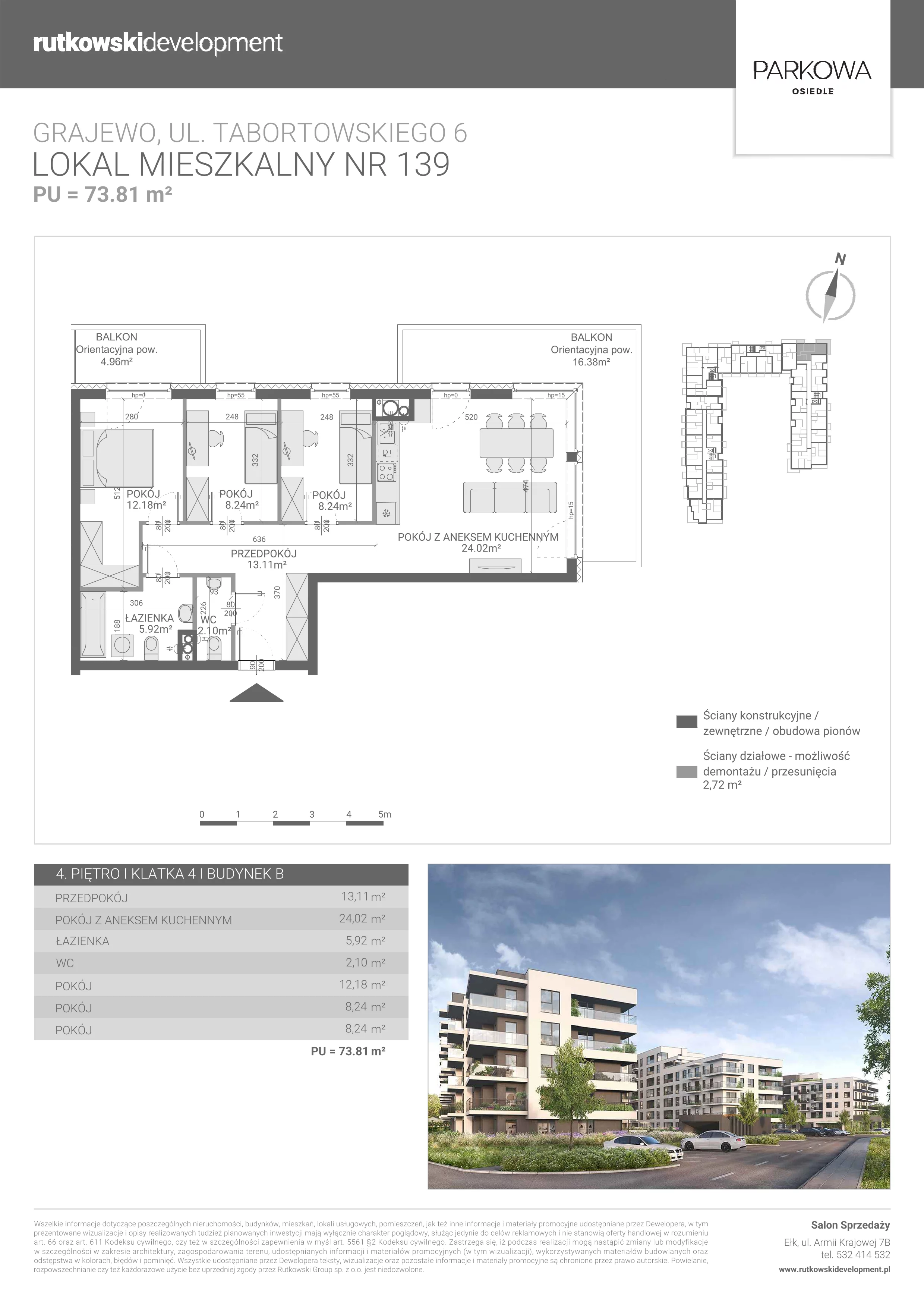 4 pokoje, mieszkanie 73,81 m², piętro 4, oferta nr M139, Parkowa Osiedle, Grajewo, ul. mjr. Jana Tabortowskiego 6