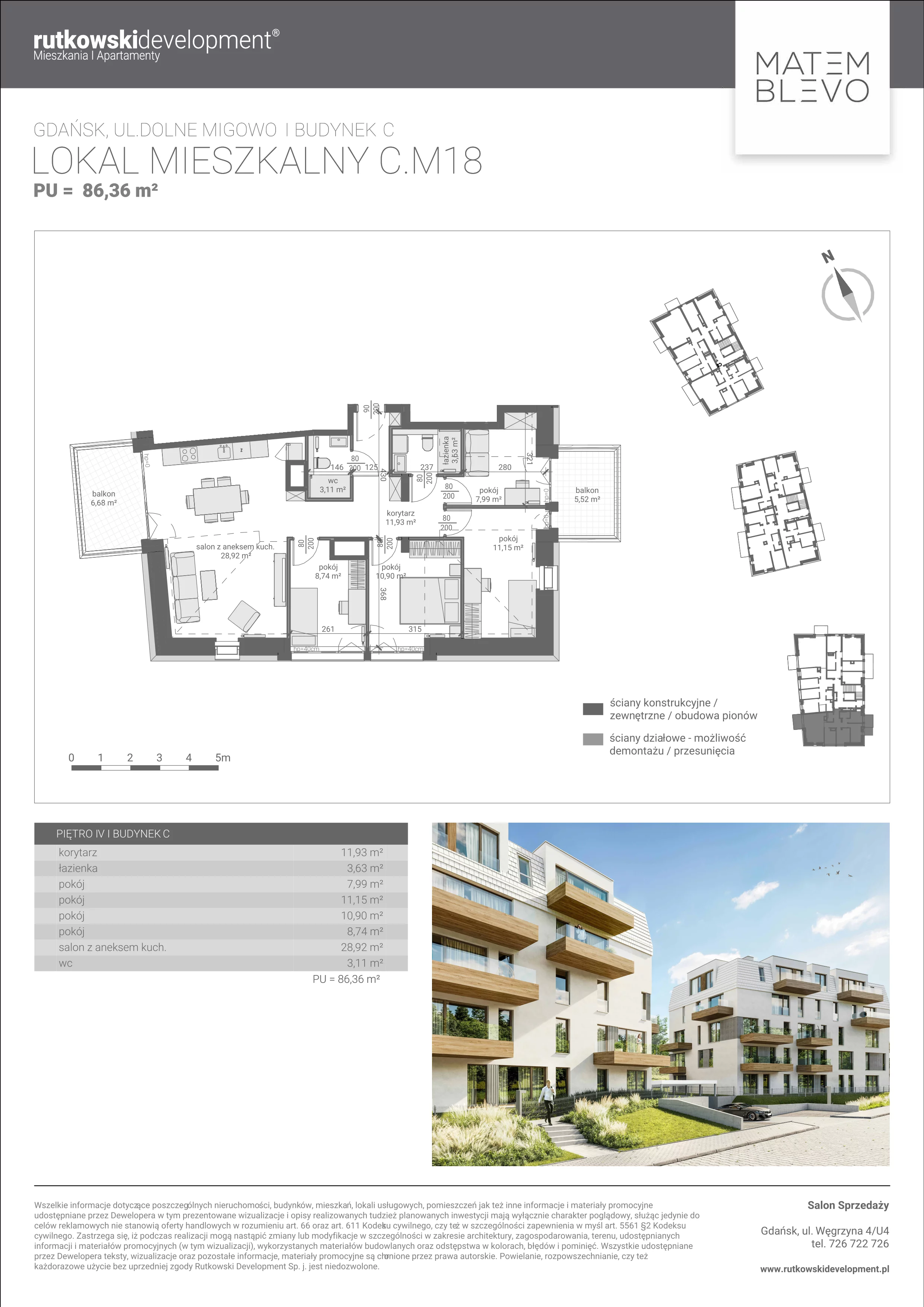 5 pokoi, mieszkanie 86,36 m², piętro 4, oferta nr M18, Matemblevo - etap c, Gdańsk, Piecki-Migowo, ul. Dolne Migowo 23 E