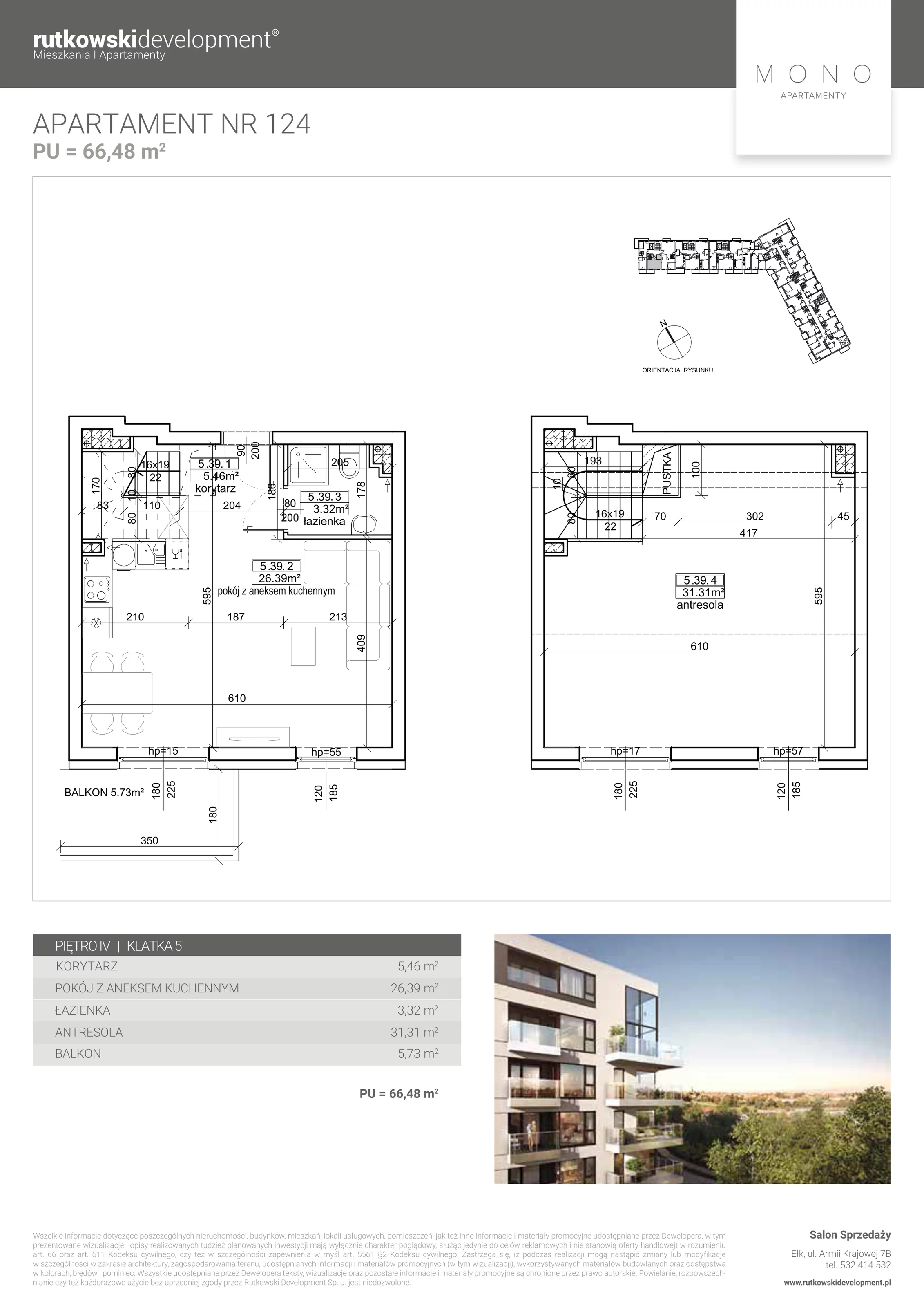 3 pokoje, apartament 66,29 m², piętro 4, oferta nr M-124, Mono Apartamenty - Etap 2, Ełk, ul. Targowa 4