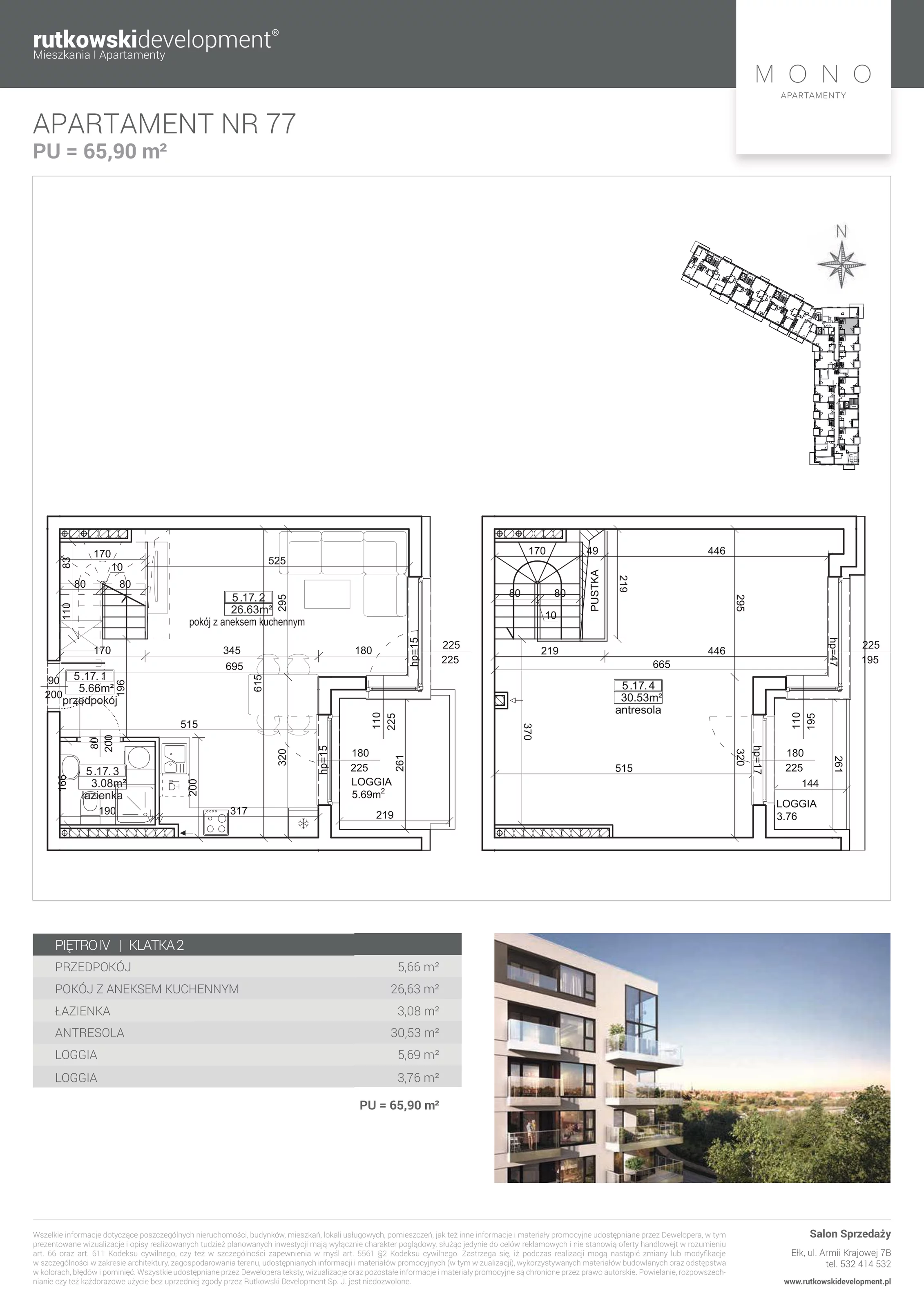 Apartament 65,72 m², piętro 4, oferta nr M-77, Mono Apartamenty - Etap 1, Ełk, ul. Targowa 4