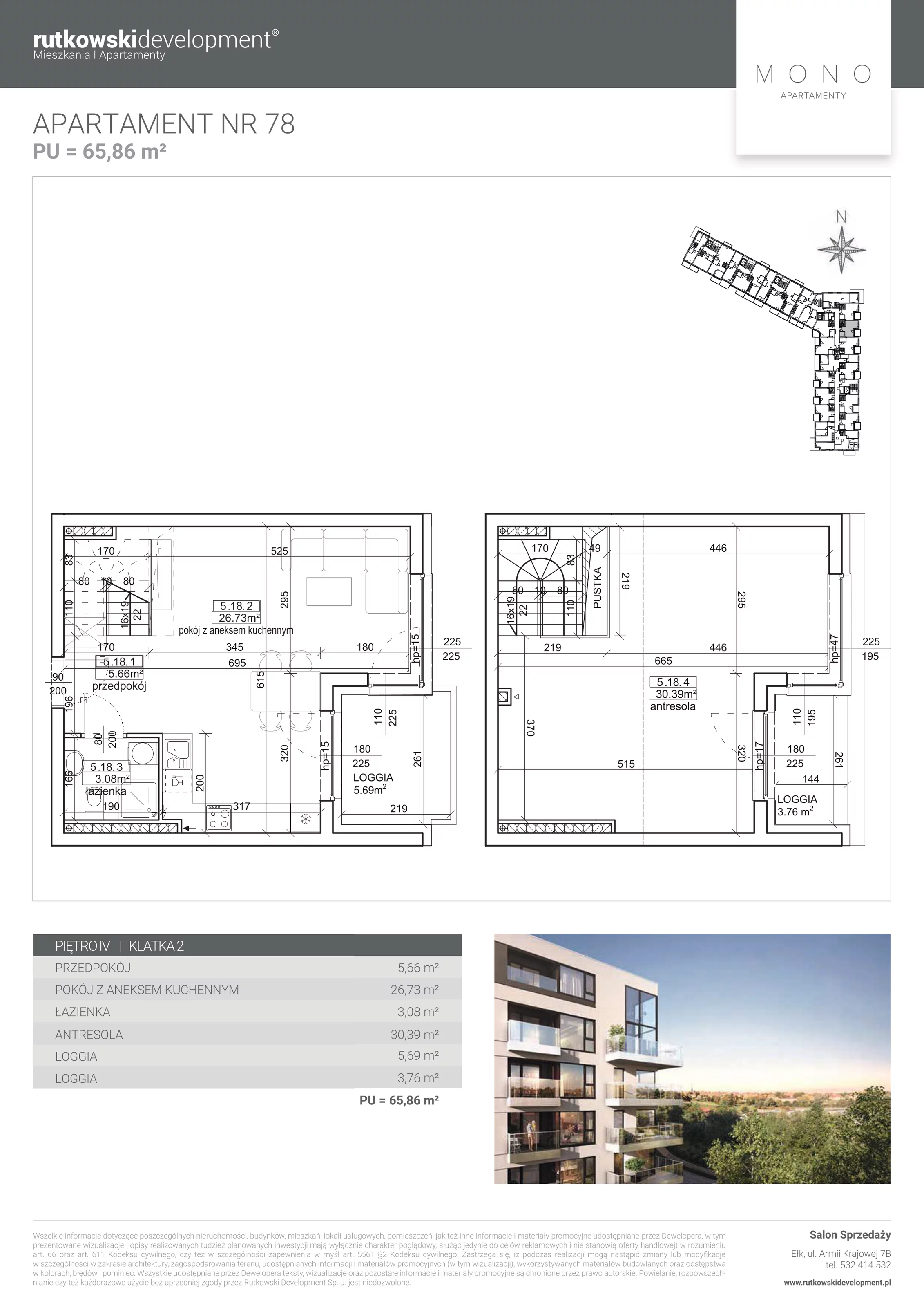 Apartament 65,63 m², piętro 4, oferta nr M-78, Mono Apartamenty - Etap 1, Ełk, ul. Targowa 4