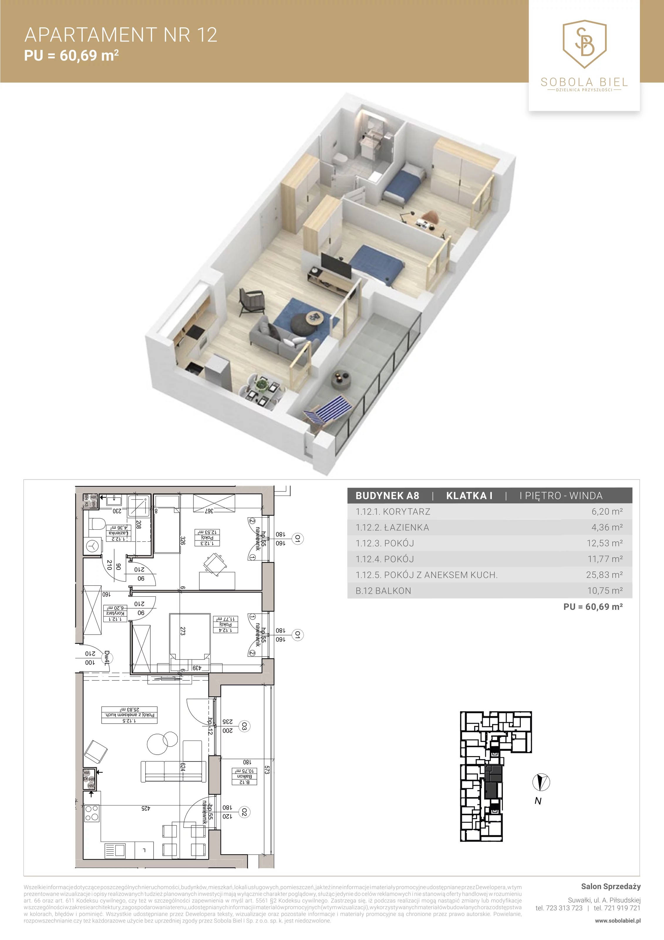 Apartament 60,69 m², piętro 1, oferta nr 12, Sobola Biel - Budynek A8, Suwałki, ul. Aleksandry Piłsudskiej